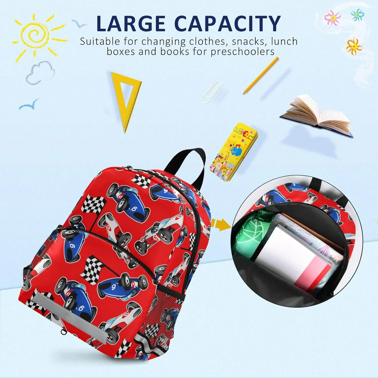 QUGRL Sports Cars Kids Backpack with Leash Harness Red Racecar Toddler Backpack for Boys Childish Kindergarten Child Schoolbag Preschool Nursery Baby Travel Bag for Girls 3-8 Years