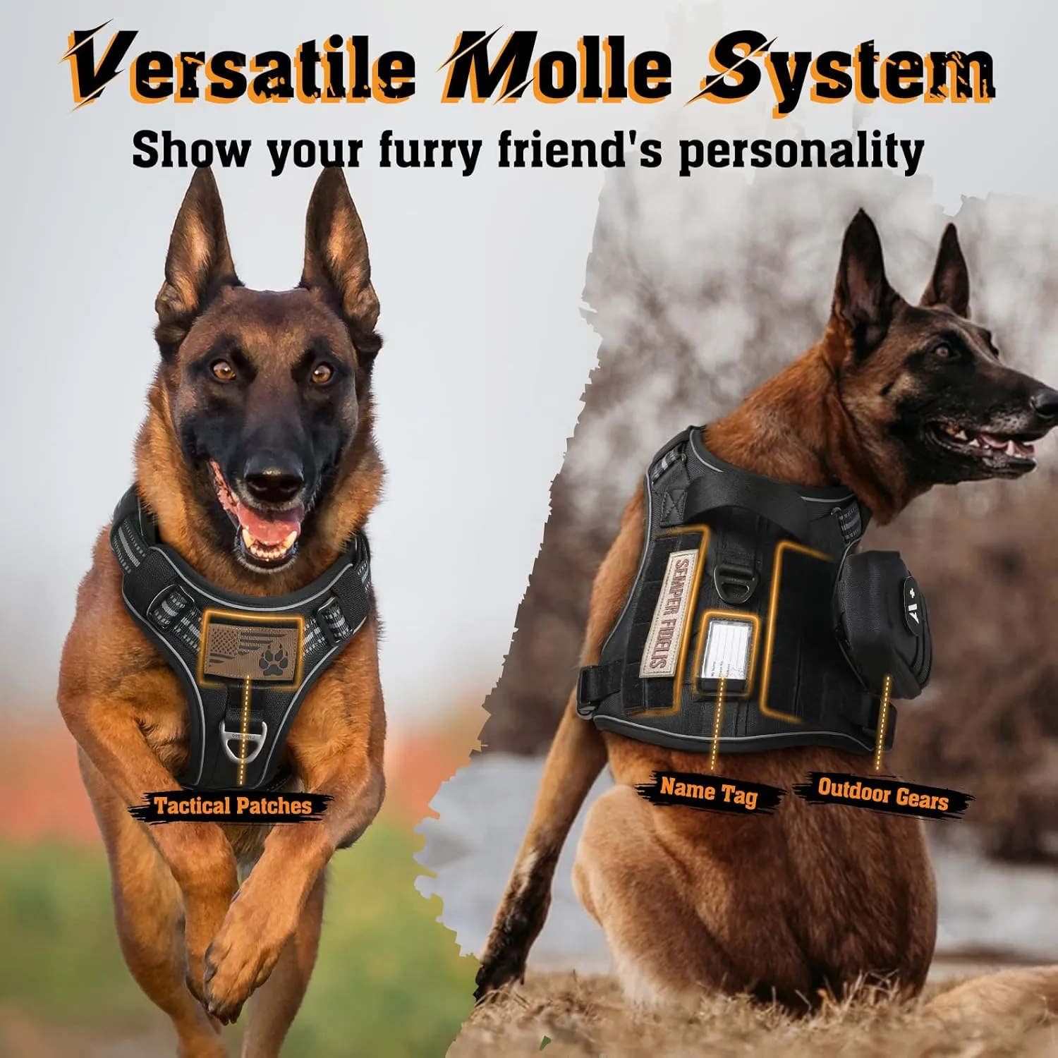 rabbitgoo Dog Harness for Large Dogs No Pull, Tactical Service Pet Vest with Molle and Control Handle, Adjustable and Reflective Military Harness for Easy Walking and Training, Black, L