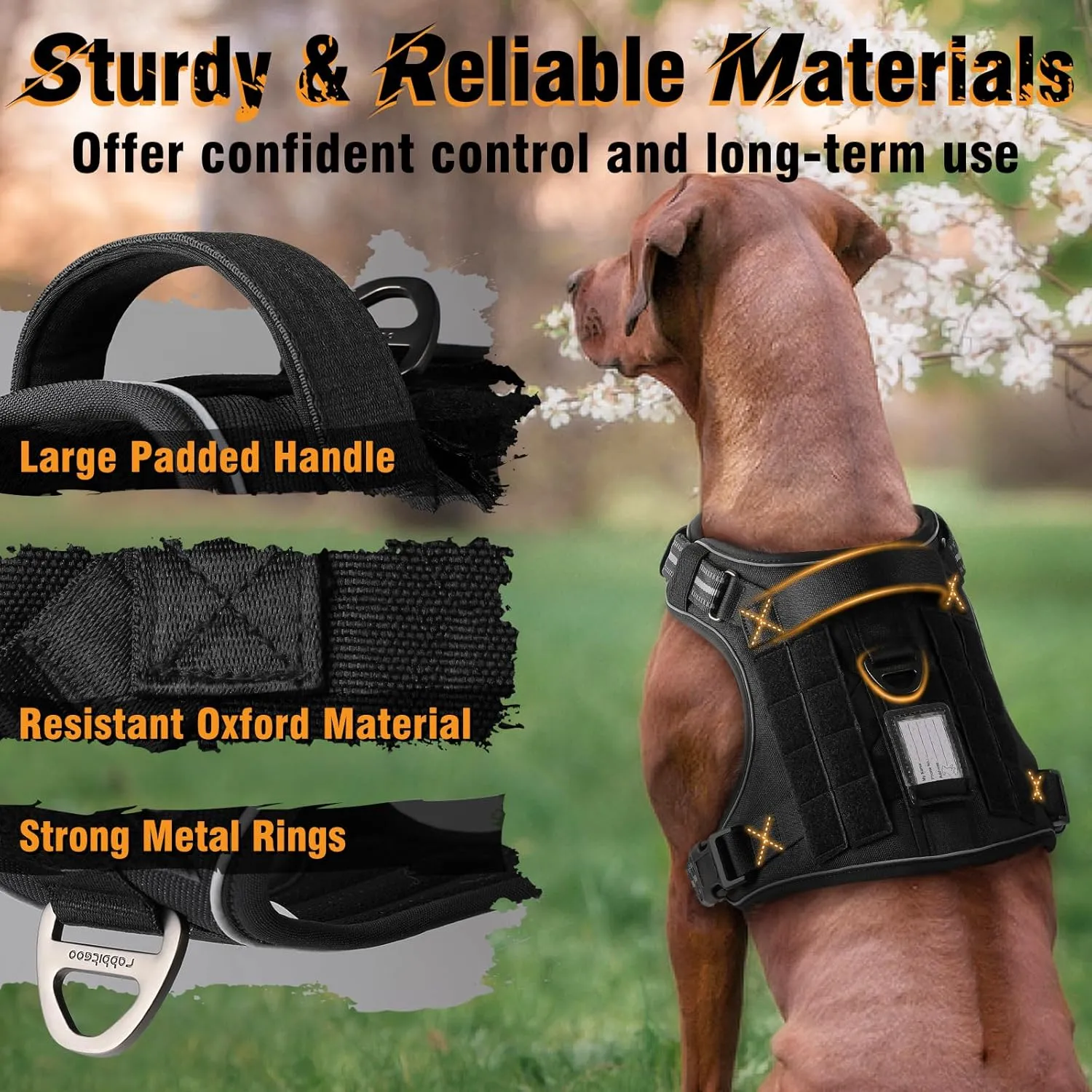 rabbitgoo Dog Harness for Large Dogs No Pull, Tactical Service Pet Vest with Molle and Control Handle, Adjustable and Reflective Military Harness for Easy Walking and Training, Black, L