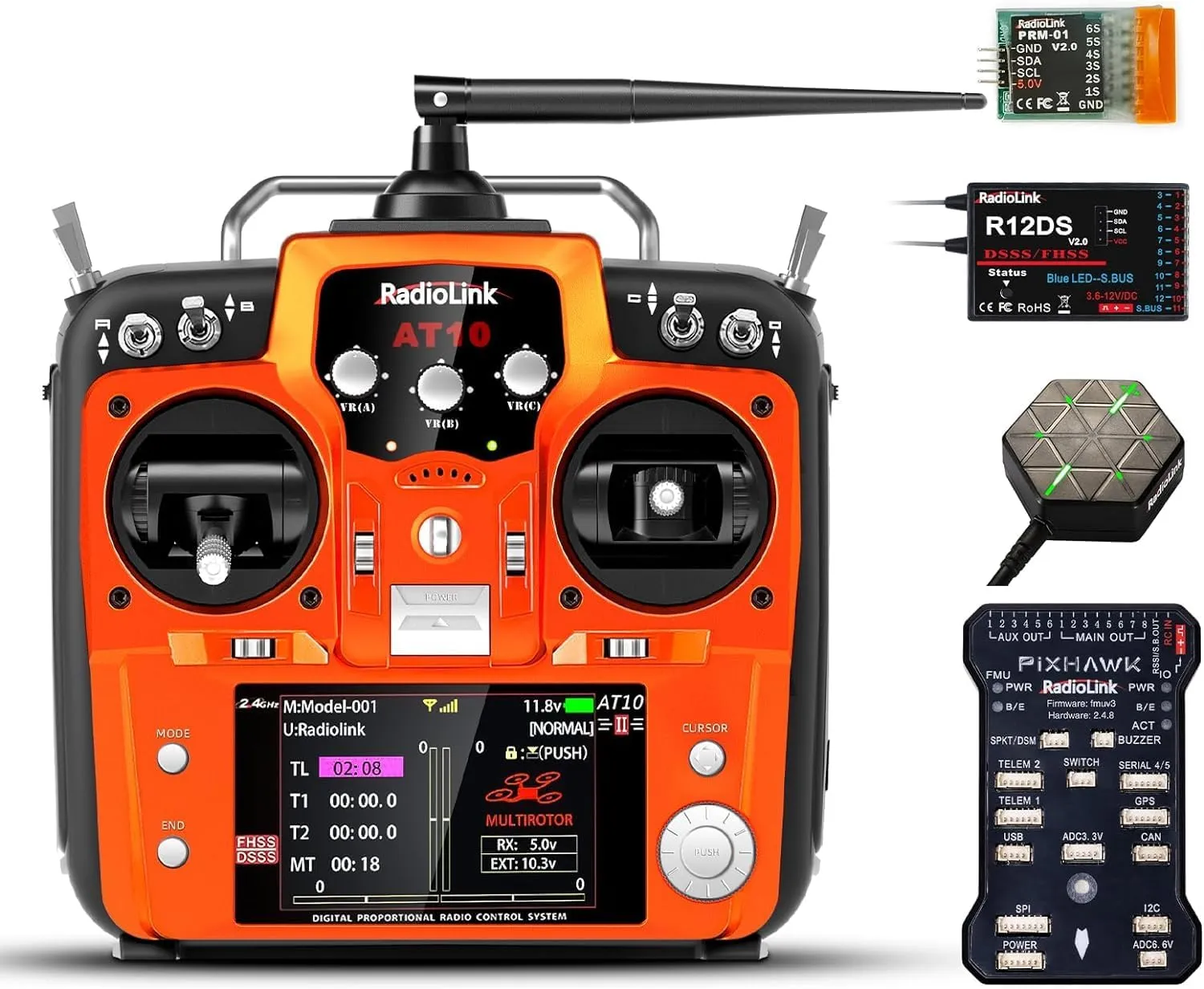 Radiolink AT10II 12 Channels RC Transmitter and Receiver R12DS 2.4GHz Radio Remote, PIXHAWK Flight Controller&M10N GPS SE100 Module, for RC Airplane/Quad/Helicopter/Car/Boat/Robot/Mower