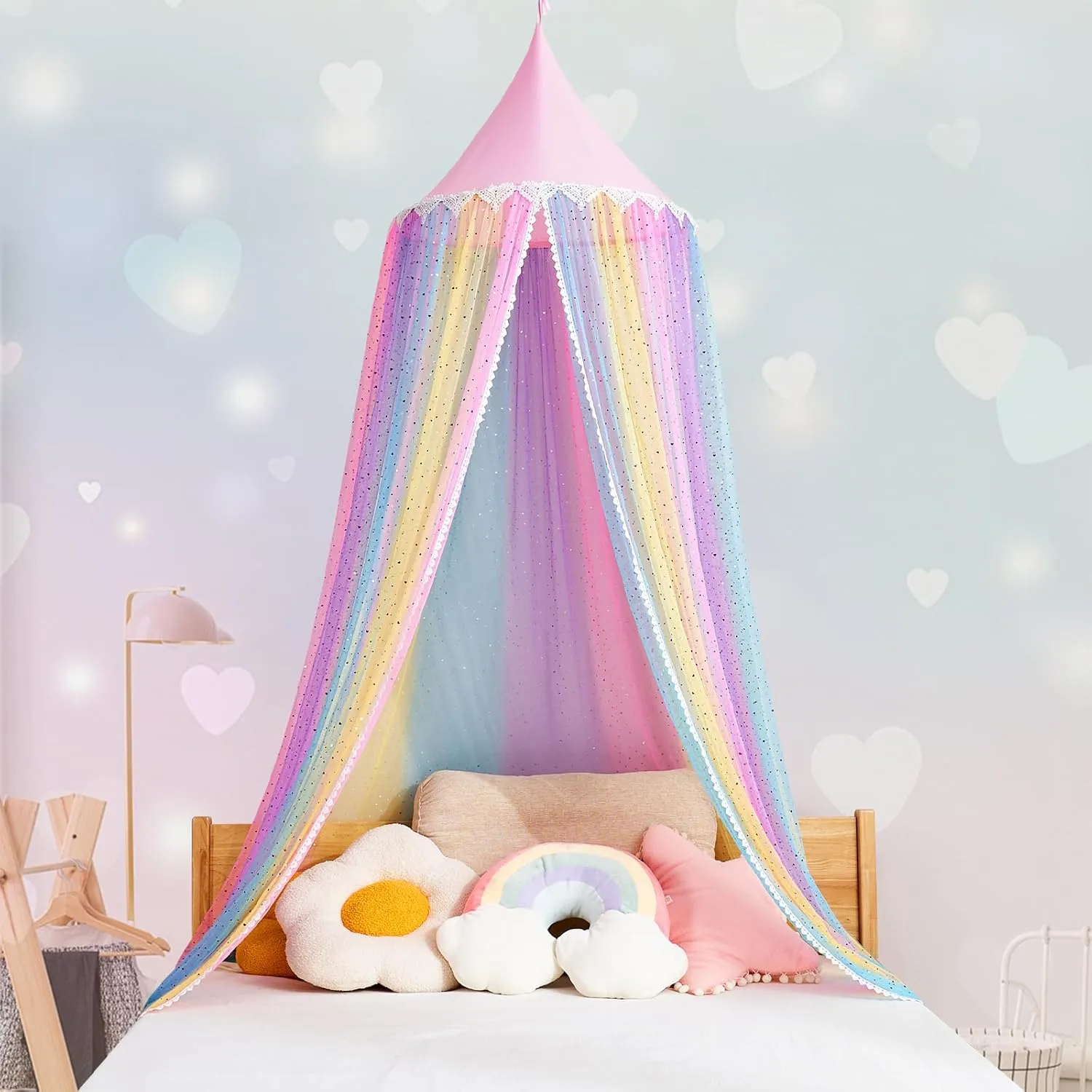 Rainbow Bed Canopy for Girls,Shiny Kids Princess Round Dome Bed Curtain with Love Heart Glitter,Kids Crib Canopy Play Tent Canopy Dreamy Bed Netting for Girls (Rainbow Color with Love Heart Glitter)
