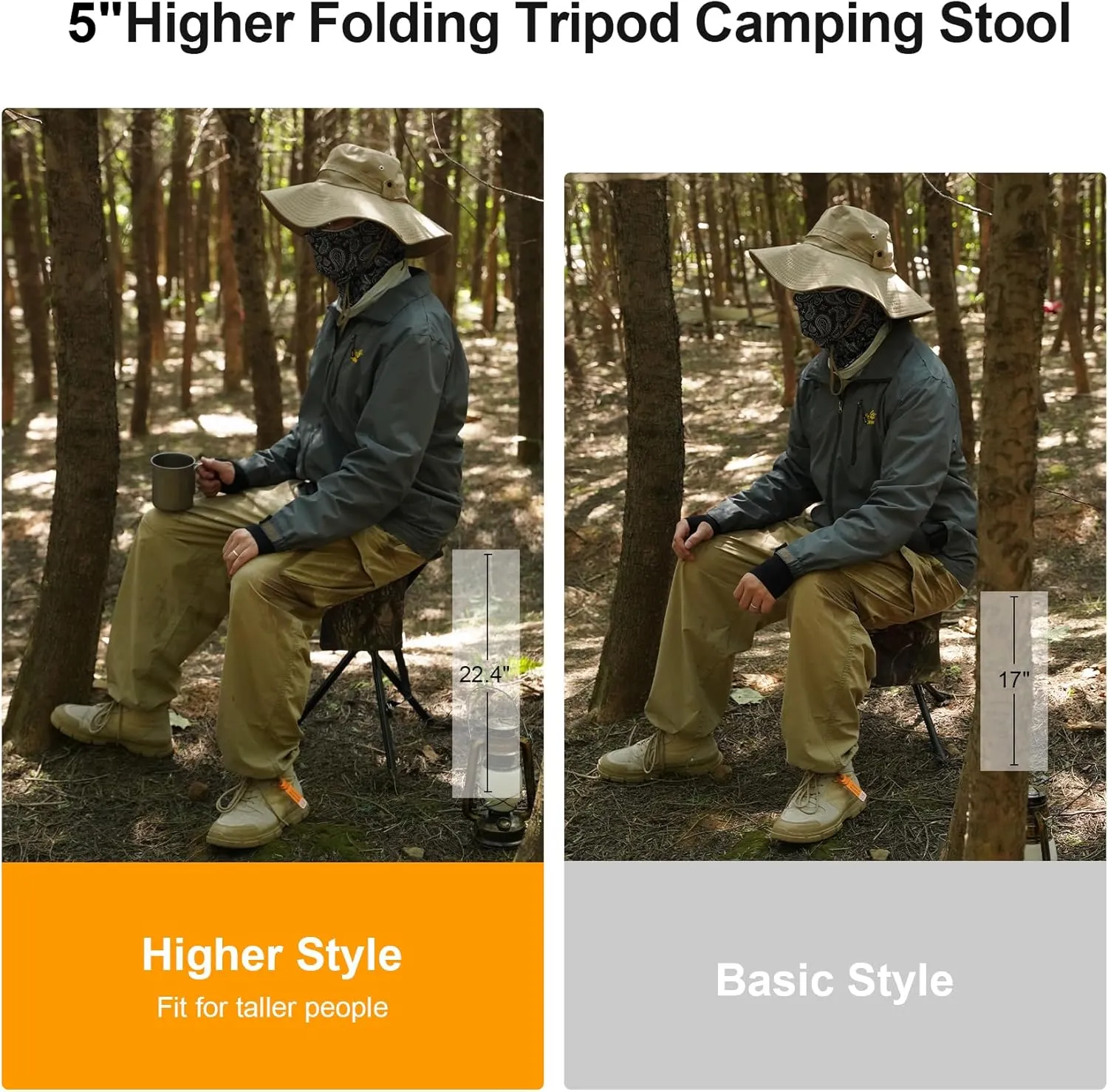 REDCAMP 2 Pack Extra Tall Folding Tripod Stools for Adults, Lightweight Portable Camping Stools for Blinds, Small Tripod Chairs for Fishing Backpacking Travel