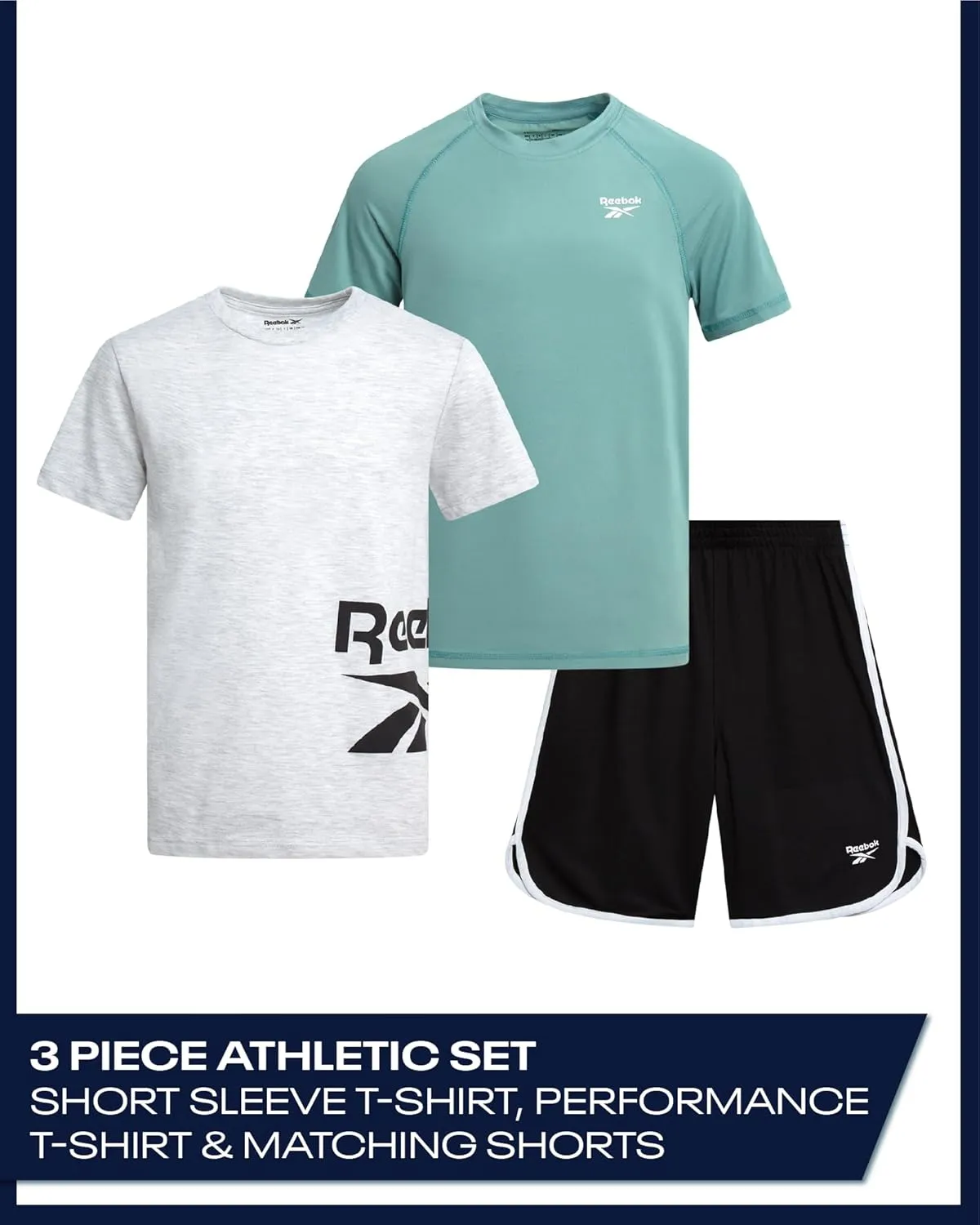 Reebok Boys Athletic Shorts Set - 3 Piece Summer Clothes Outfit with Graphic Tees and Boys Running Shorts for Active Kids