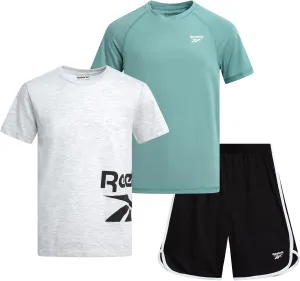 Reebok Boys Athletic Shorts Set - 3 Piece Summer Clothes Outfit with Graphic Tees and Boys Running Shorts for Active Kids