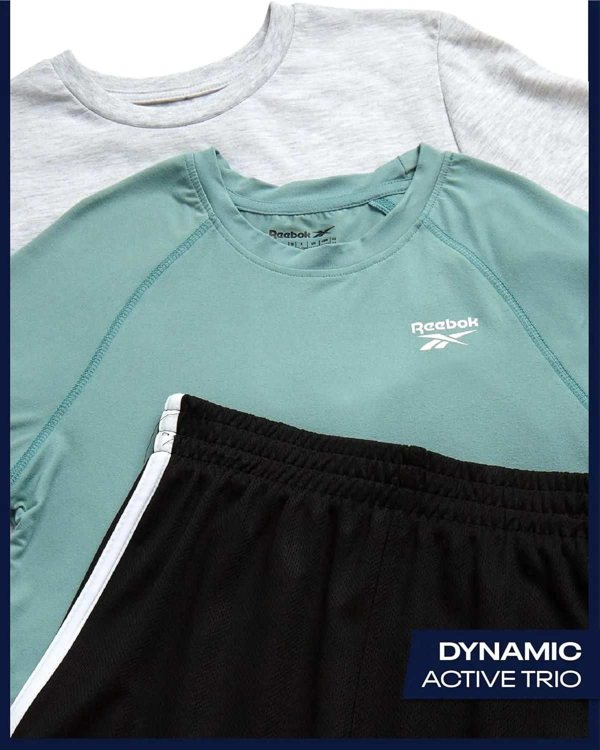 Reebok Boys Athletic Shorts Set - 3 Piece Summer Clothes Outfit with Graphic Tees and Boys Running Shorts for Active Kids