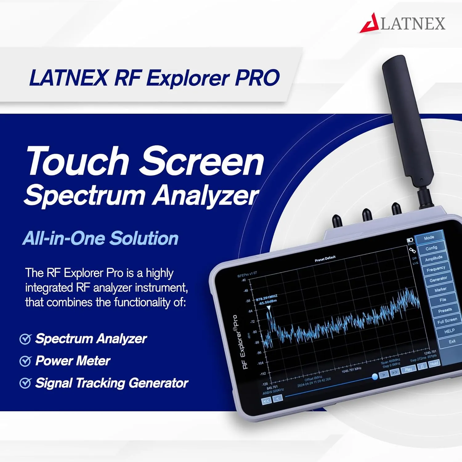RF Explorer PRO Spectrum Analyzer with Aluminum Case up to 7.5GHz. Includes Signal Tracking Generator and Power Meter Capability (15MHz to 7.5GHz)