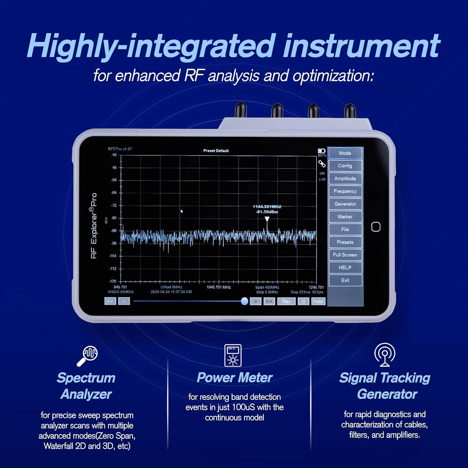 RF Explorer PRO Spectrum Analyzer with Aluminum Case up to 7.5GHz. Includes Signal Tracking Generator and Power Meter Capability (15MHz to 7.5GHz)