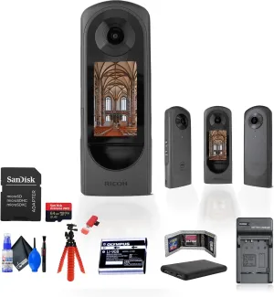 Ricoh Theta X 360 Degree Camera (910844) Bundle Including: P-Bank Battery, Rechargeable Battery, Battery Charger, 64 GB Memory Card, Card Reader, Card Wallet, Full Cleaning Kit, Flexible Hand Grip