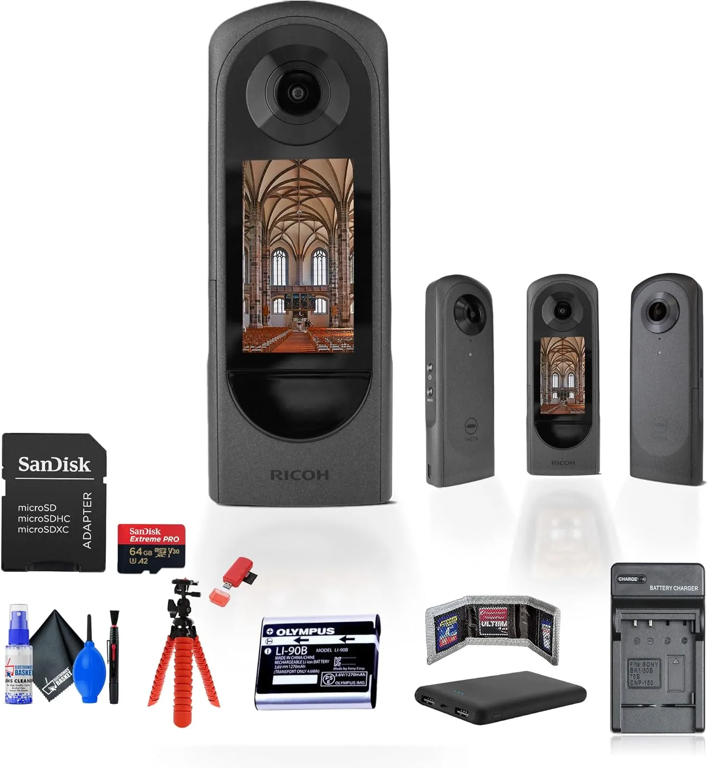 Ricoh Theta X 360 Degree Camera (910844) Bundle Including: P-Bank Battery, Rechargeable Battery, Battery Charger, 64 GB Memory Card, Card Reader, Card Wallet, Full Cleaning Kit, Flexible Hand Grip