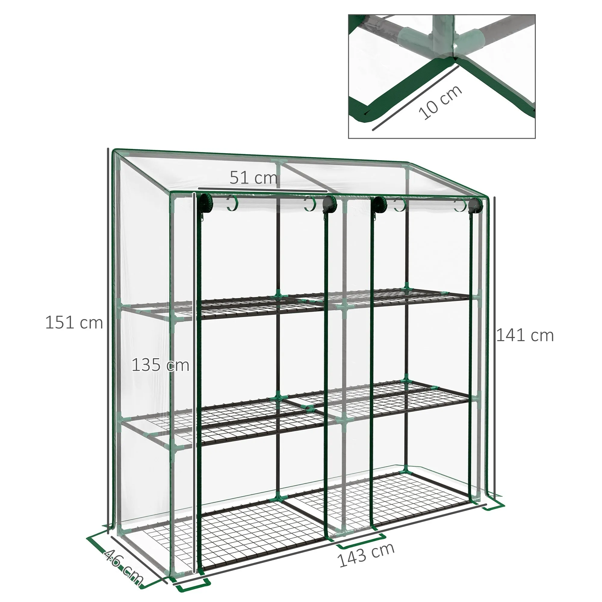 Rootz 3-Tier Mini Greenhouse - Compact Plant Stand - Garden Shelter - Protects Crops - 143L x 46W x 141/151H cm