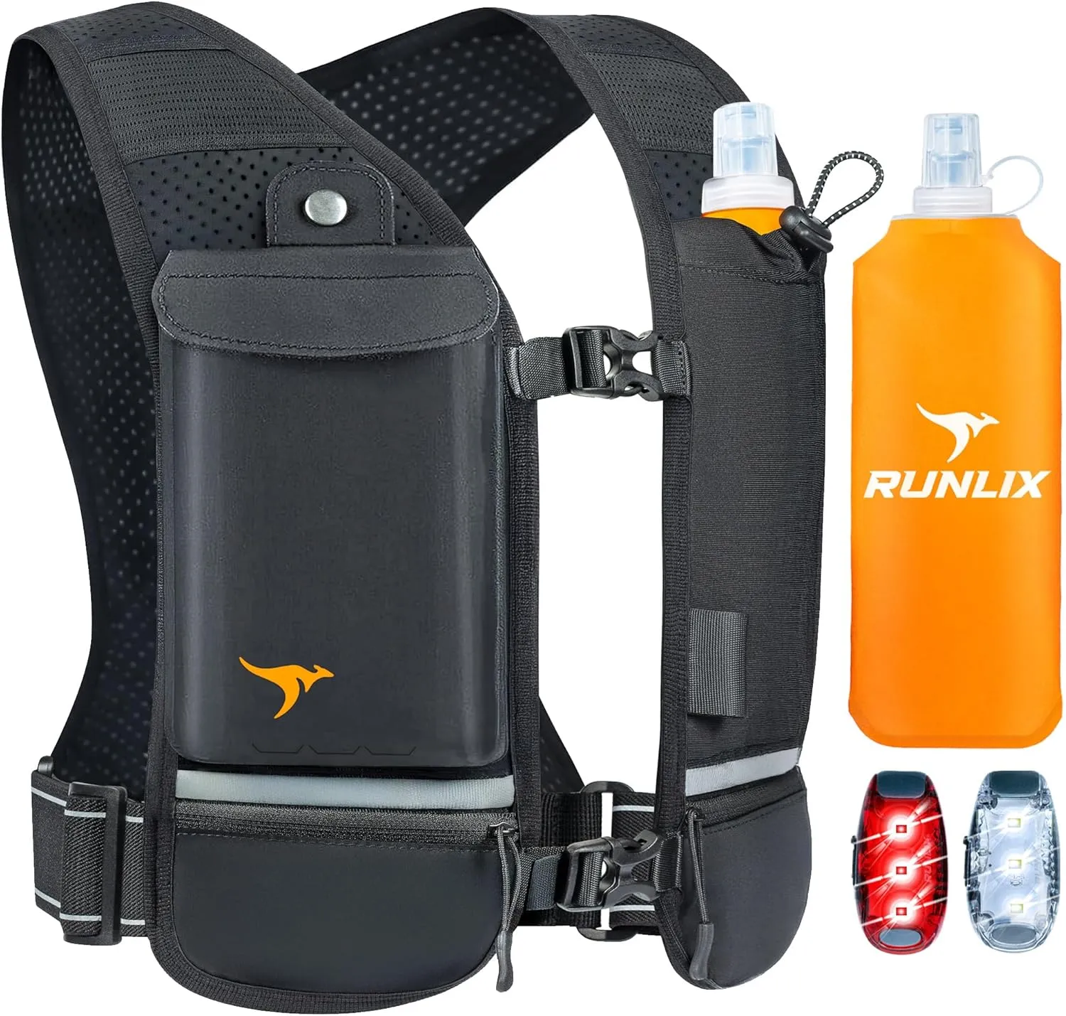 Running Vest for Women Men - Reflective Running Hydration Vest with 500ml Soft Water Bottle, Phone Holder, 2 LED Lights USB Rechargeable - 7 Pockets Runners Backpack Trail Jogging Marathon