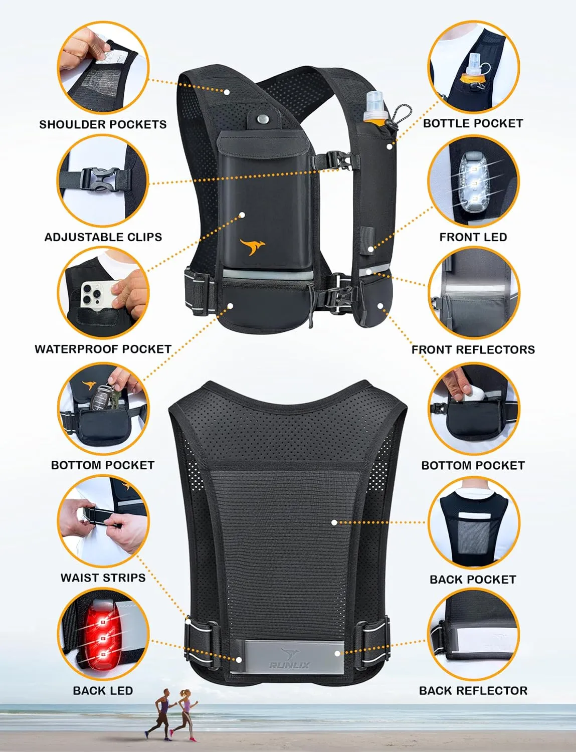 Running Vest for Women Men - Reflective Running Hydration Vest with 500ml Soft Water Bottle, Phone Holder, 2 LED Lights USB Rechargeable - 7 Pockets Runners Backpack Trail Jogging Marathon