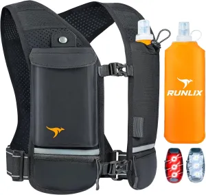 Running Vest for Women Men - Reflective Running Hydration Vest with 500ml Soft Water Bottle, Phone Holder, 2 LED Lights USB Rechargeable - 7 Pockets Runners Backpack Trail Jogging Marathon