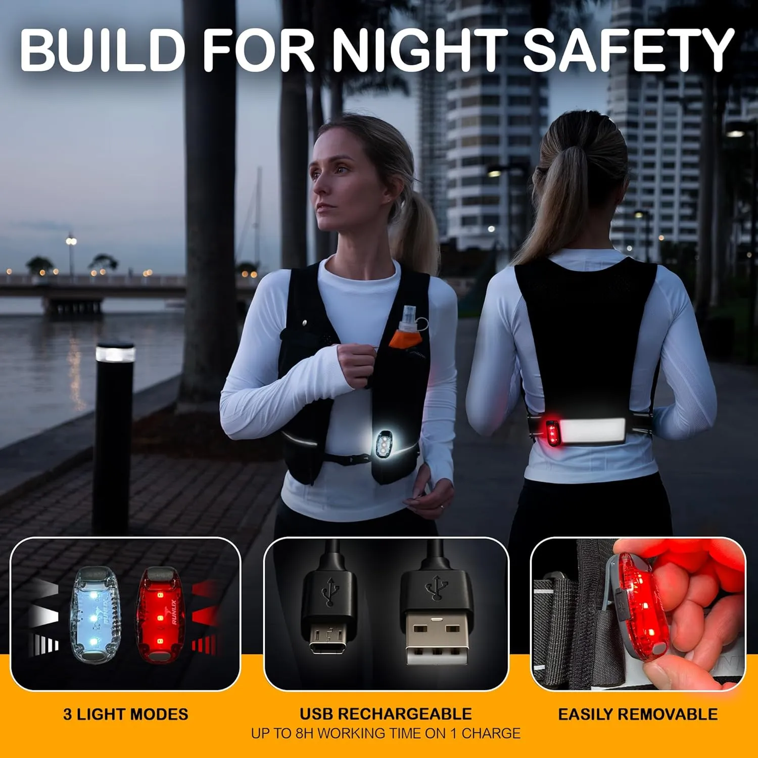 Running Vest for Women Men - Reflective Running Hydration Vest with 500ml Soft Water Bottle, Phone Holder, 2 LED Lights USB Rechargeable - 7 Pockets Runners Backpack Trail Jogging Marathon
