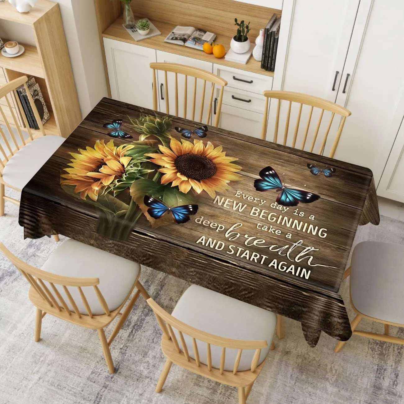 Rustic Rectangle Tablecloth Spill Proof Waterproof Butterflies Table Cover Table Decor Cover, Farmhouse Sunflower Table Clo Brown and Yellow 54x70.9 inches(140x180cm)