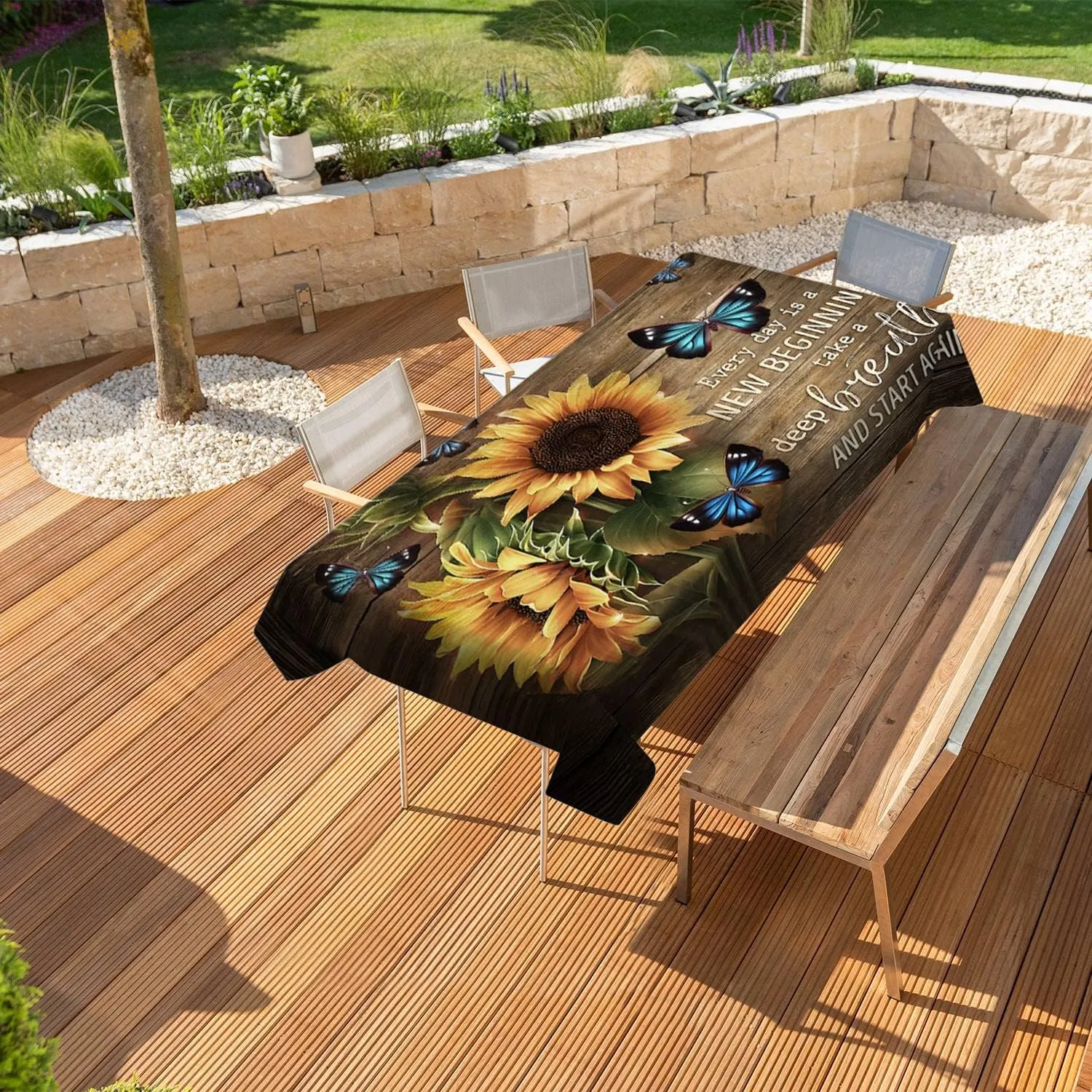 Rustic Rectangle Tablecloth Spill Proof Waterproof Butterflies Table Cover Table Decor Cover, Farmhouse Sunflower Table Clo Brown and Yellow 54x70.9 inches(140x180cm)