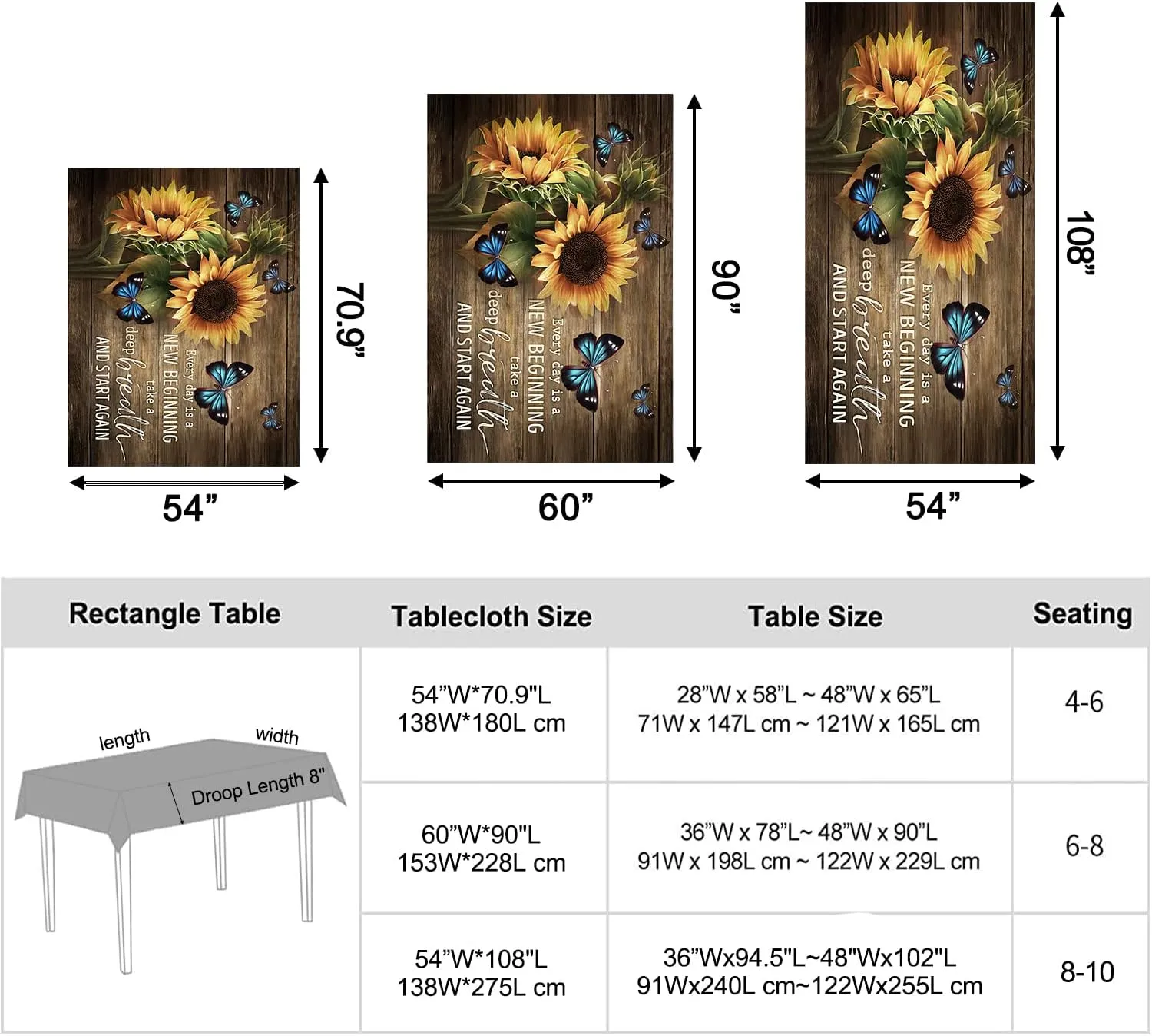 Rustic Rectangle Tablecloth Spill Proof Waterproof Butterflies Table Cover Table Decor Cover, Farmhouse Sunflower Table Clo Brown and Yellow 54x70.9 inches(140x180cm)