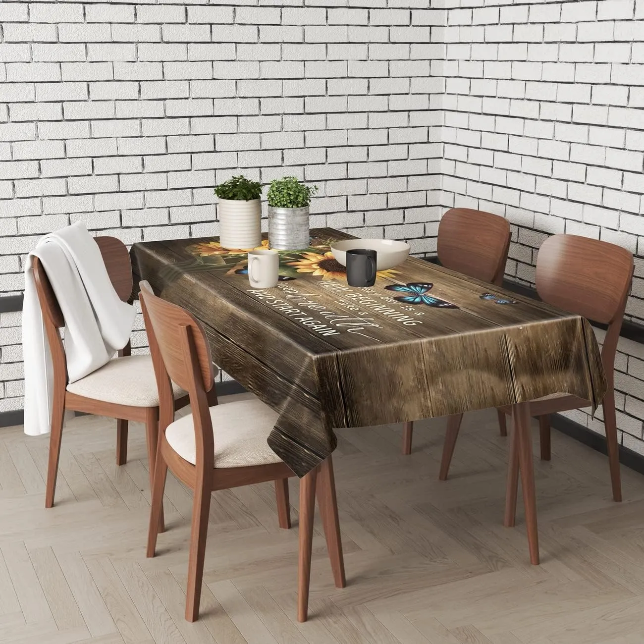 Rustic Rectangle Tablecloth Spill Proof Waterproof Butterflies Table Cover Table Decor Cover, Farmhouse Sunflower Table Clo Brown and Yellow 54x70.9 inches(140x180cm)