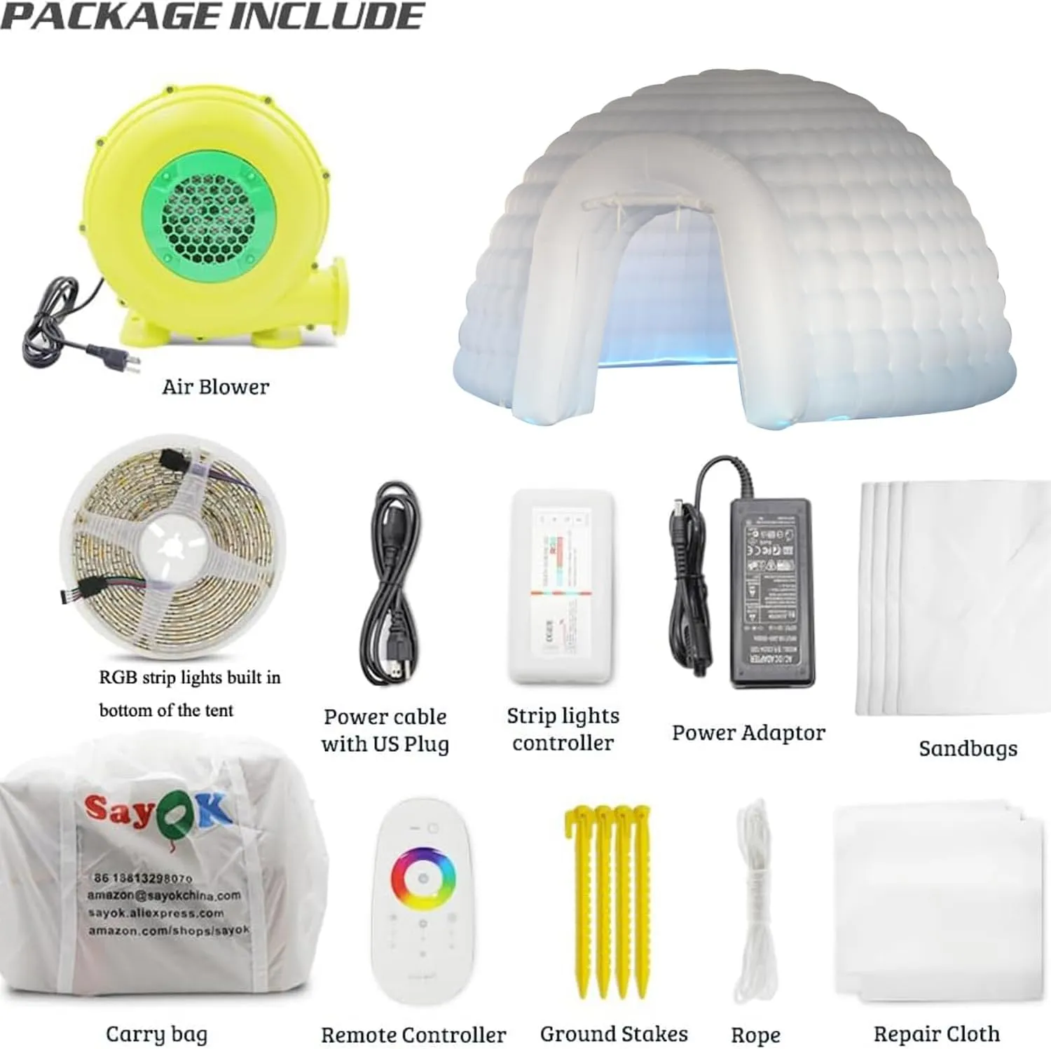 SAYOK Inflatable Igloo Dome Tent Blow up Party Tent with Blower and Remote Controller Built in RGB Strip Lights Suitable for Company reunions, Weddings,Family Friend Party Night Club (White, 16.4FT)