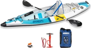 Sea Eagle EZLITE 10 Ultralight, All Woven, Drop Stitch, Rigid, High Performance, Easy Setup, 10' Solo Inflatable Kayak w/Backpack, Seat Paddle and Adjustable Footrests