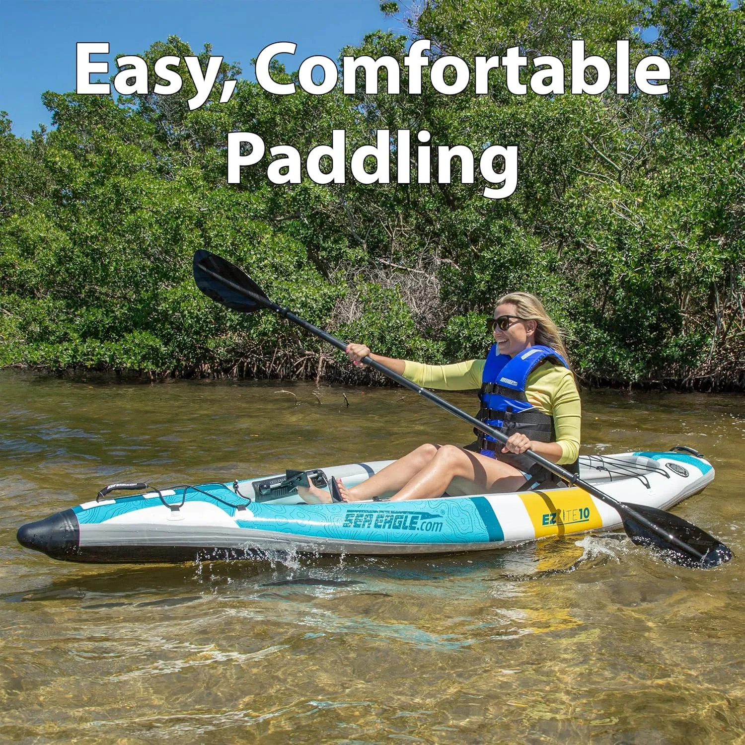 Sea Eagle EZLITE 10 Ultralight, All Woven, Drop Stitch, Rigid, High Performance, Easy Setup, 10' Solo Inflatable Kayak w/Backpack, Seat Paddle and Adjustable Footrests
