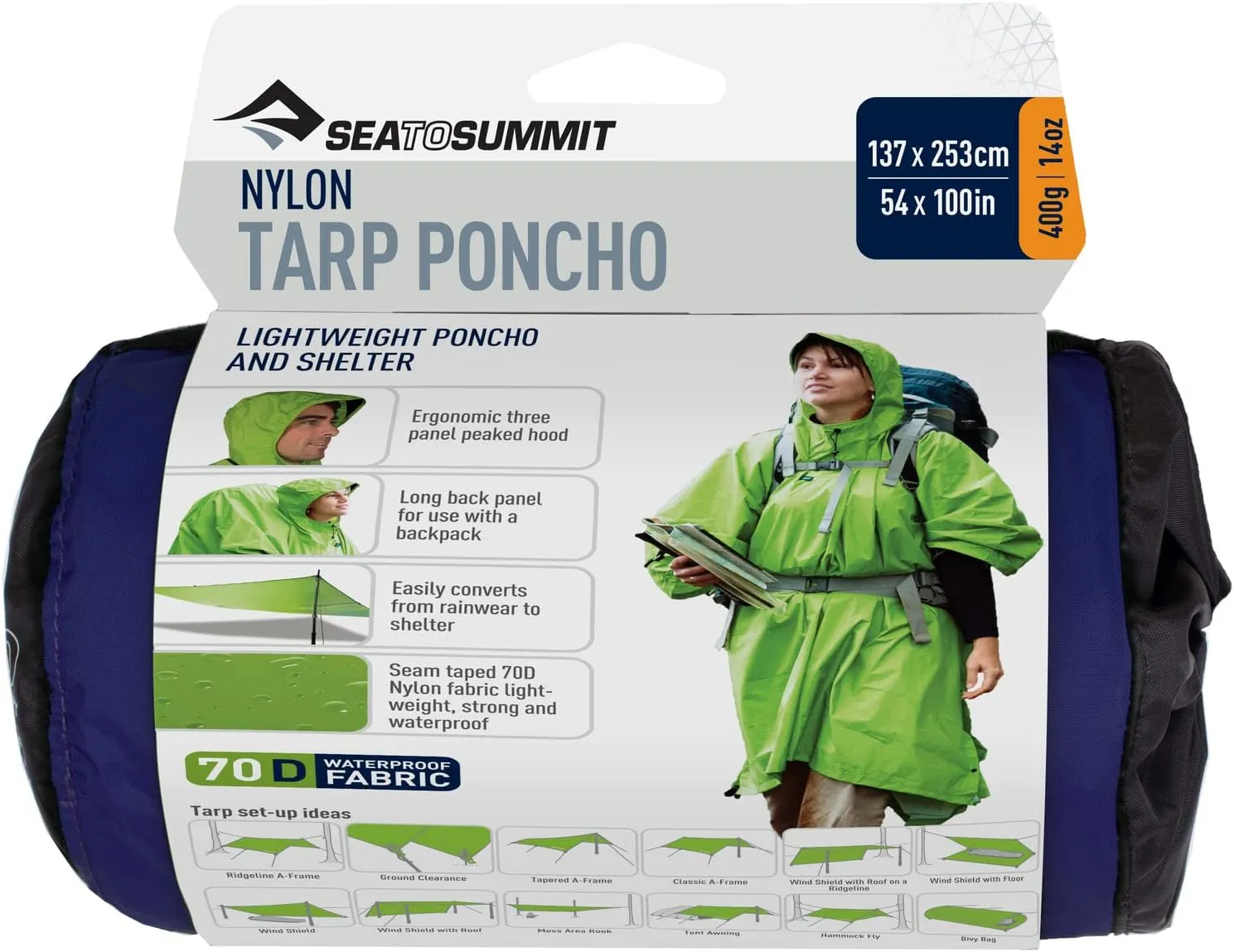 Sea to Summit Nylon Tarp Poncho 4-in-1 Raincoat, Pack Cover, Groundsheet, and Shelter
