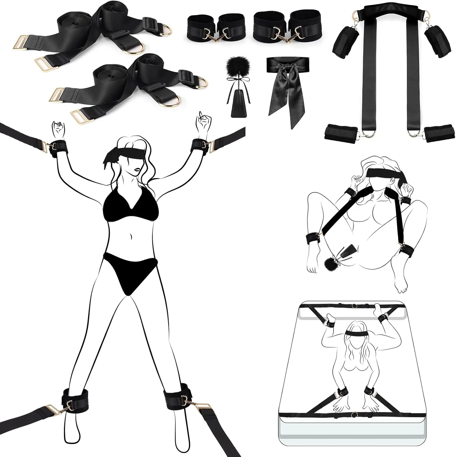 Sex Bondage BDSM Restraints Set Sex Toys Harness Straps Neck to Wrist Ankle Cuffs,Adjustable Bed Bondage Restraint Kit with Blindfold Tickler Feather,Bondage Gear & Accessories Sex Toy for Couple Play