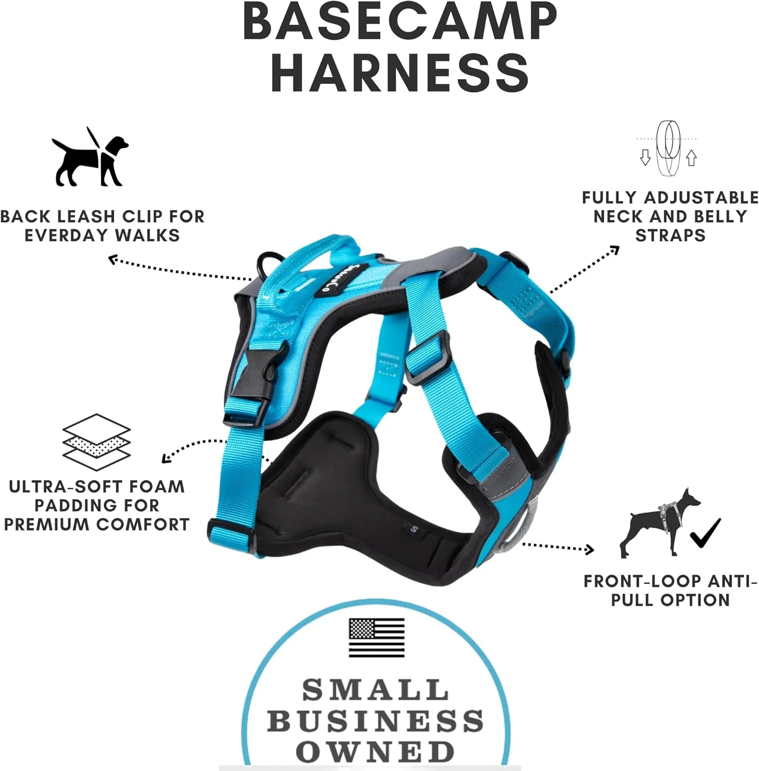 ShawnCo Basecamp Dog Harness, No-Pull Pet Vest with 3 Leash Clips, Padded, Reflective, Lightweight and Adjustable Harness with Handle for Small, Medium and Large Dogs (Oceanic Blue, S)