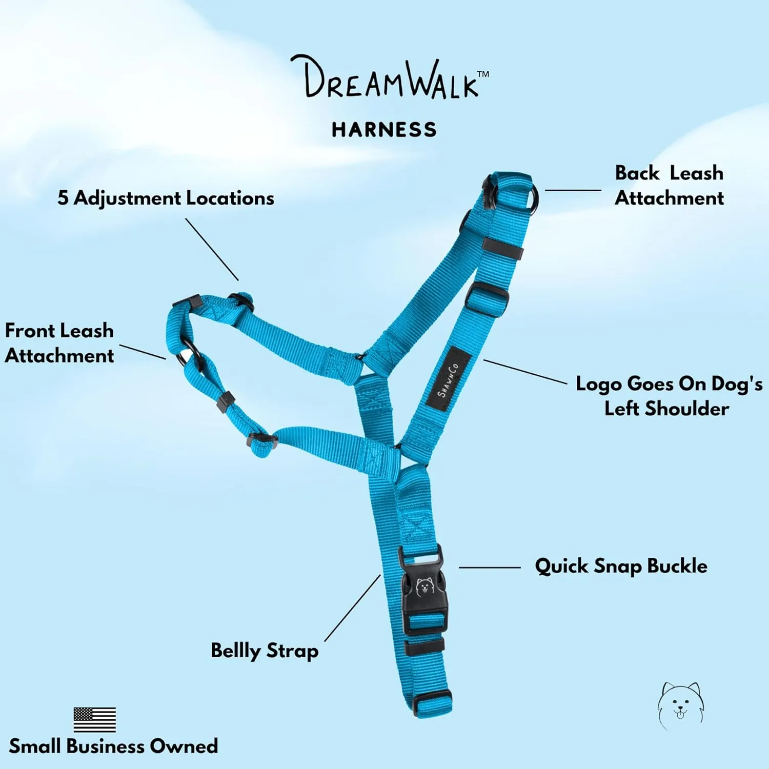 ShawnCo Dream Walk No-Pull Dog Harness- Adjustable, Comfortable, Easy to Use Pet Halter to Help Stop Pulling for Small, Medium and Large Dogs (Oceanic Blue, S)
