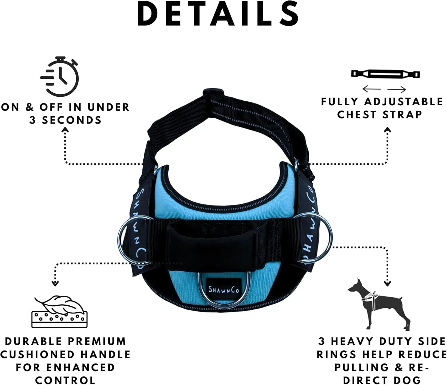 ShawnCo Essential Pro Dog Harness, No-Pull Pet Vest with 3 Leash Clips and Removable, Reflective Side Patches, Adjustable and Padded Harness for Small, Medium and Large Dogs (Oceanic Blue, S)
