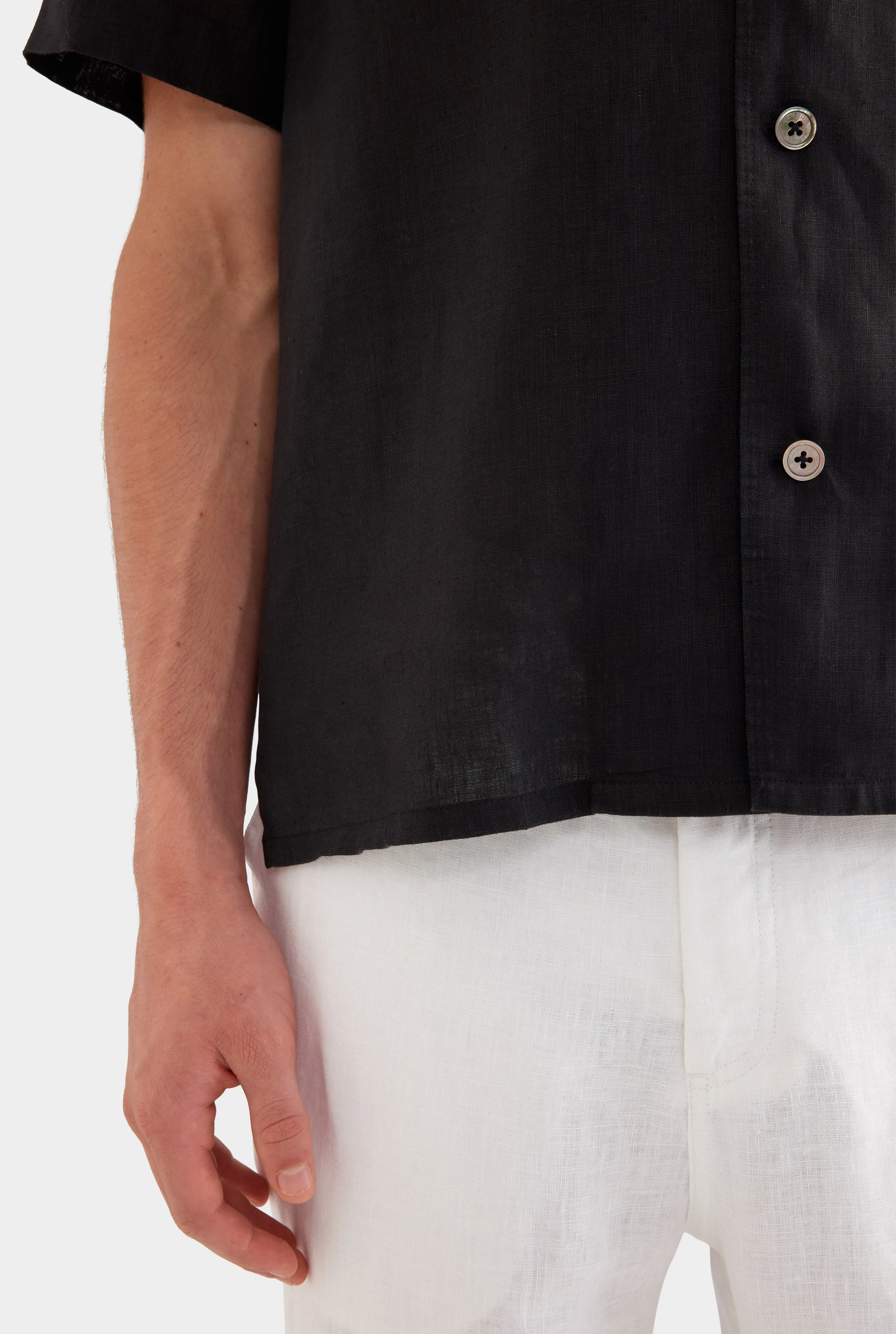 Short Sleeve Linen Camp Collar Shirt - Black