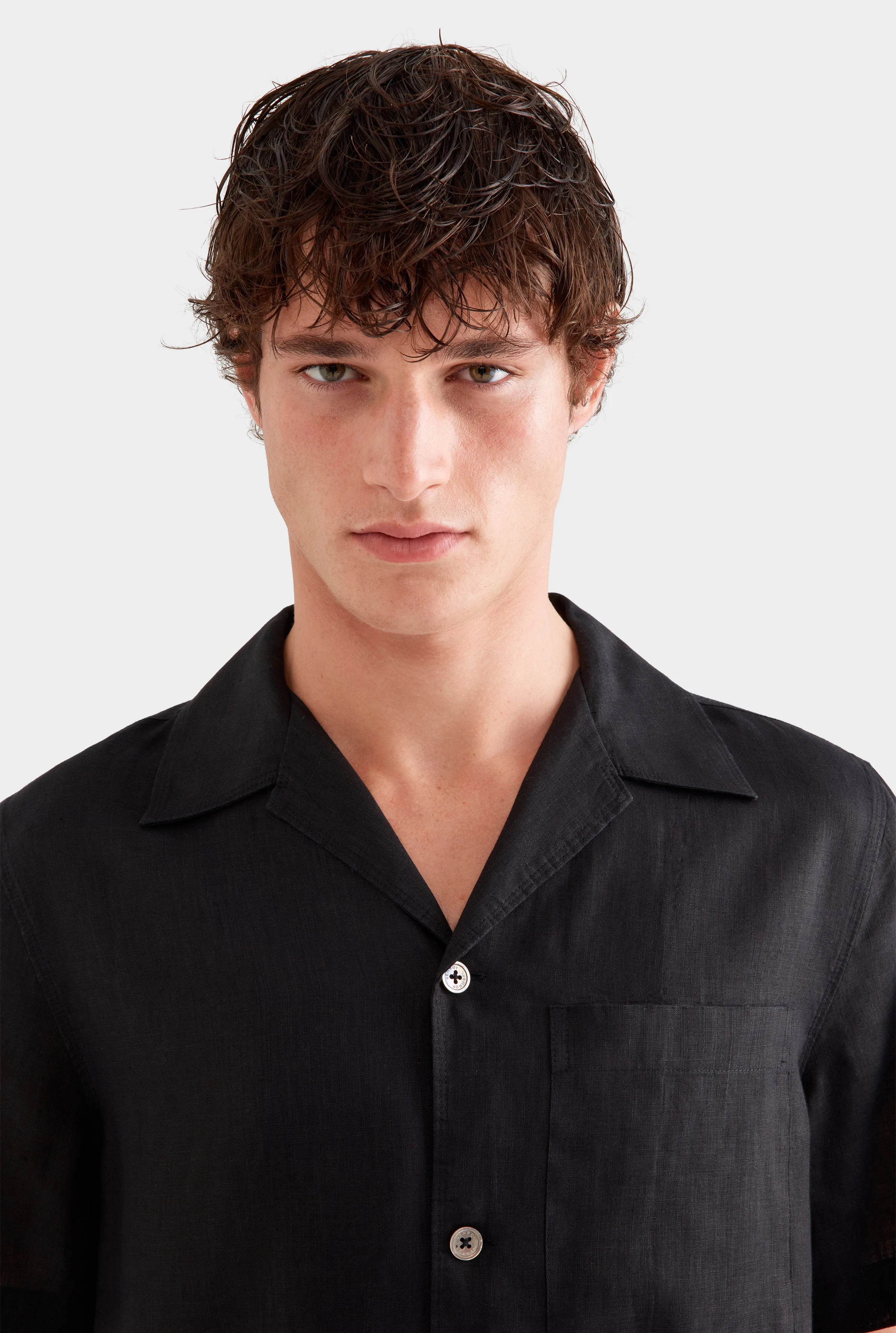 Short Sleeve Linen Camp Collar Shirt - Black