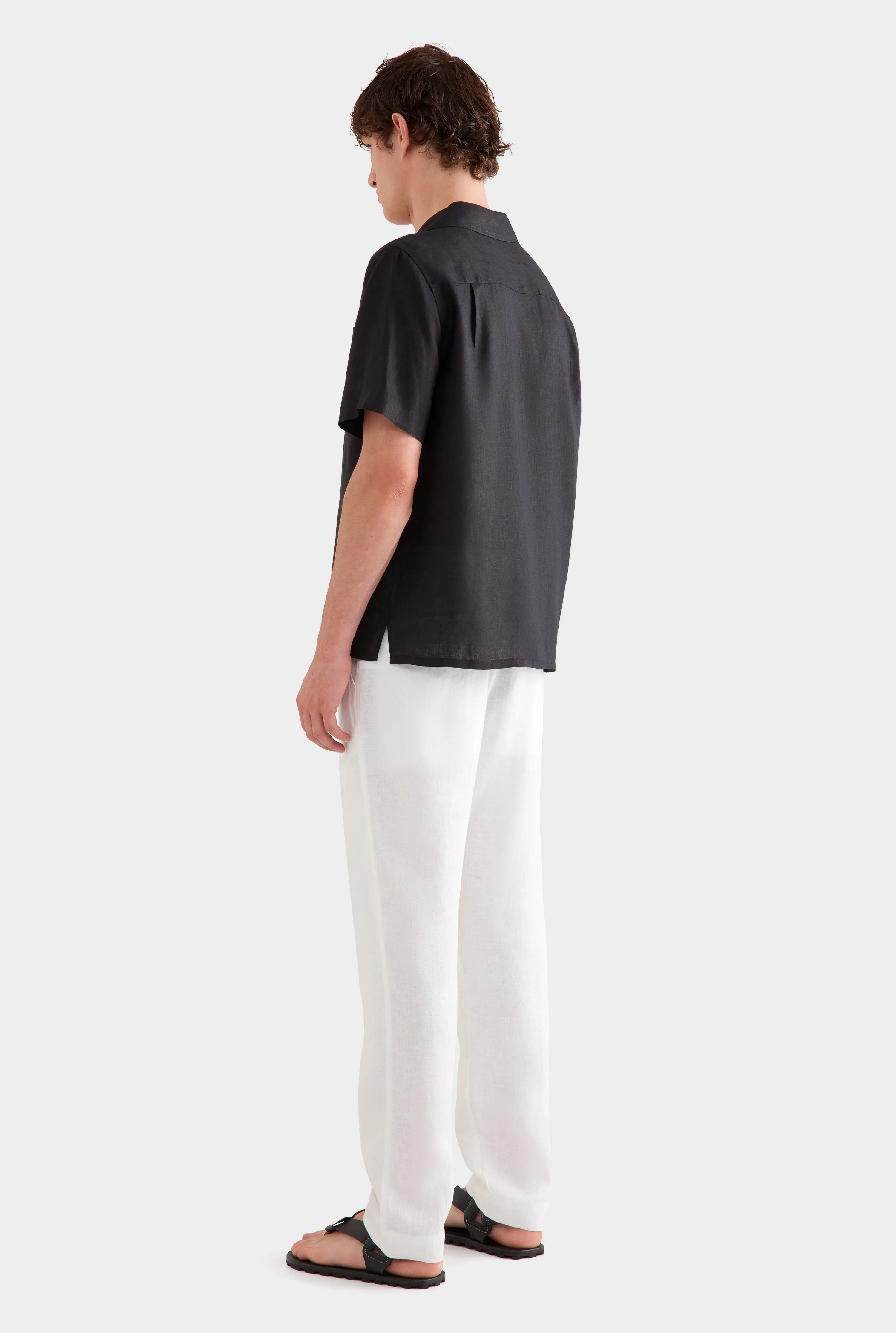 Short Sleeve Linen Camp Collar Shirt - Black