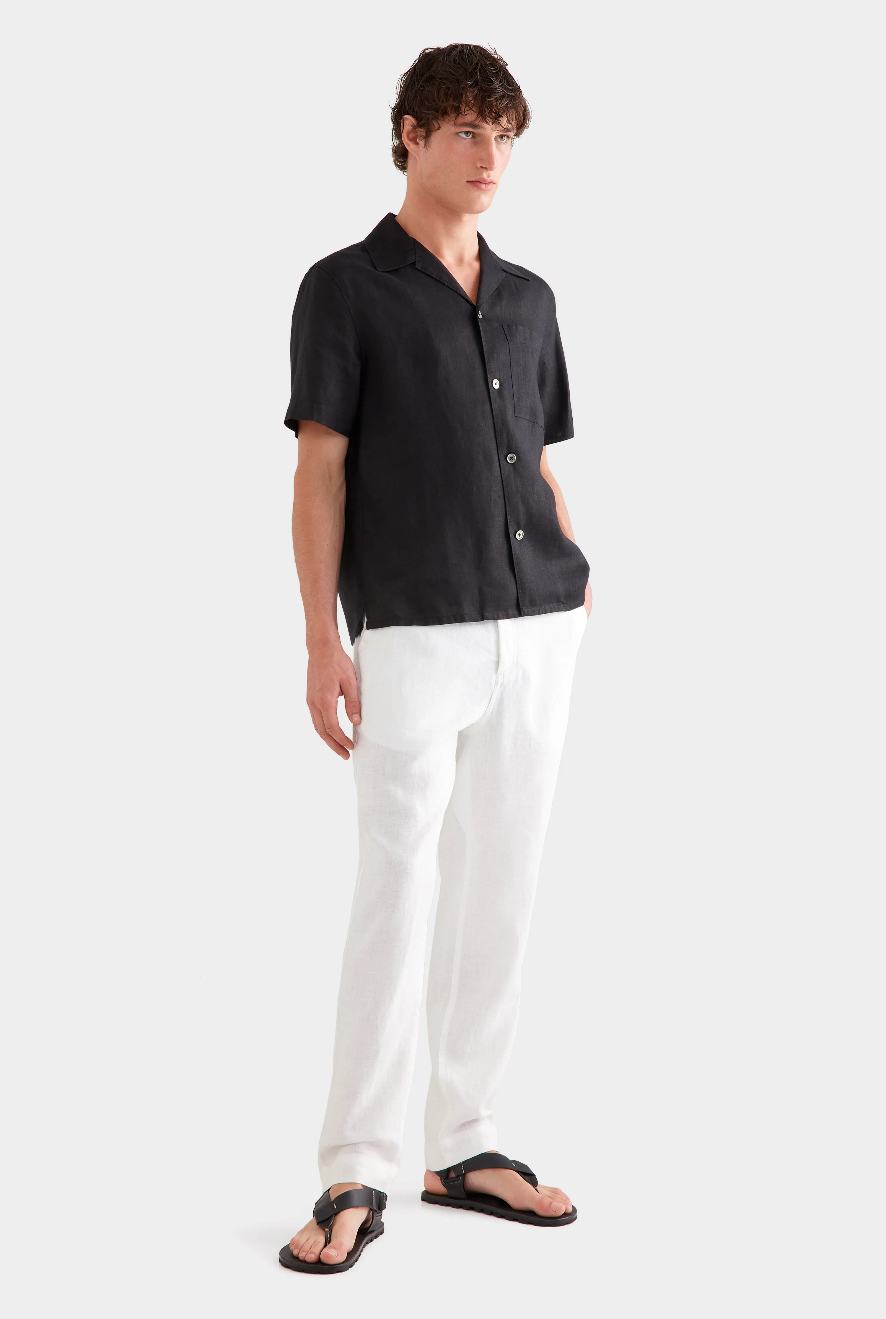 Short Sleeve Linen Camp Collar Shirt - Black