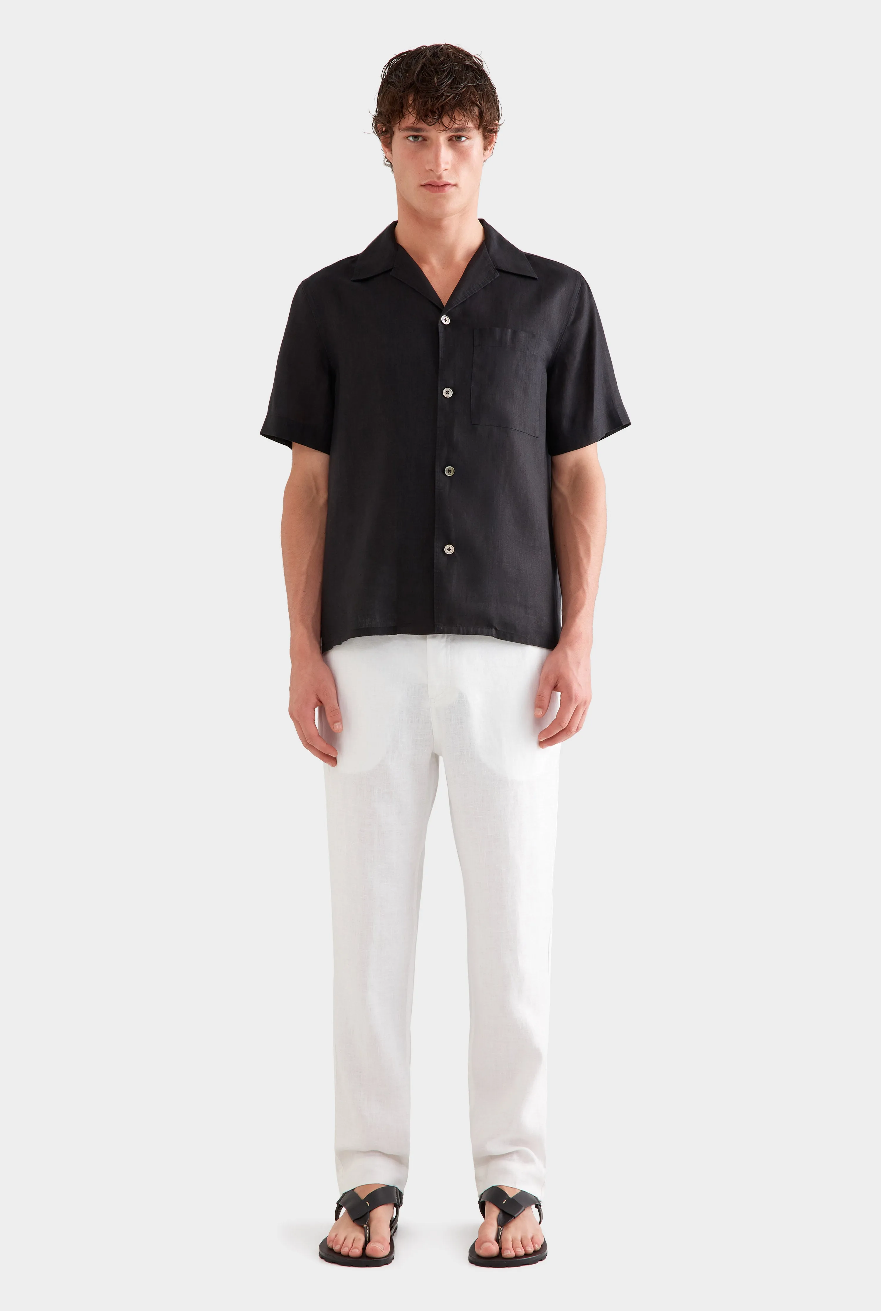 Short Sleeve Linen Camp Collar Shirt - Black
