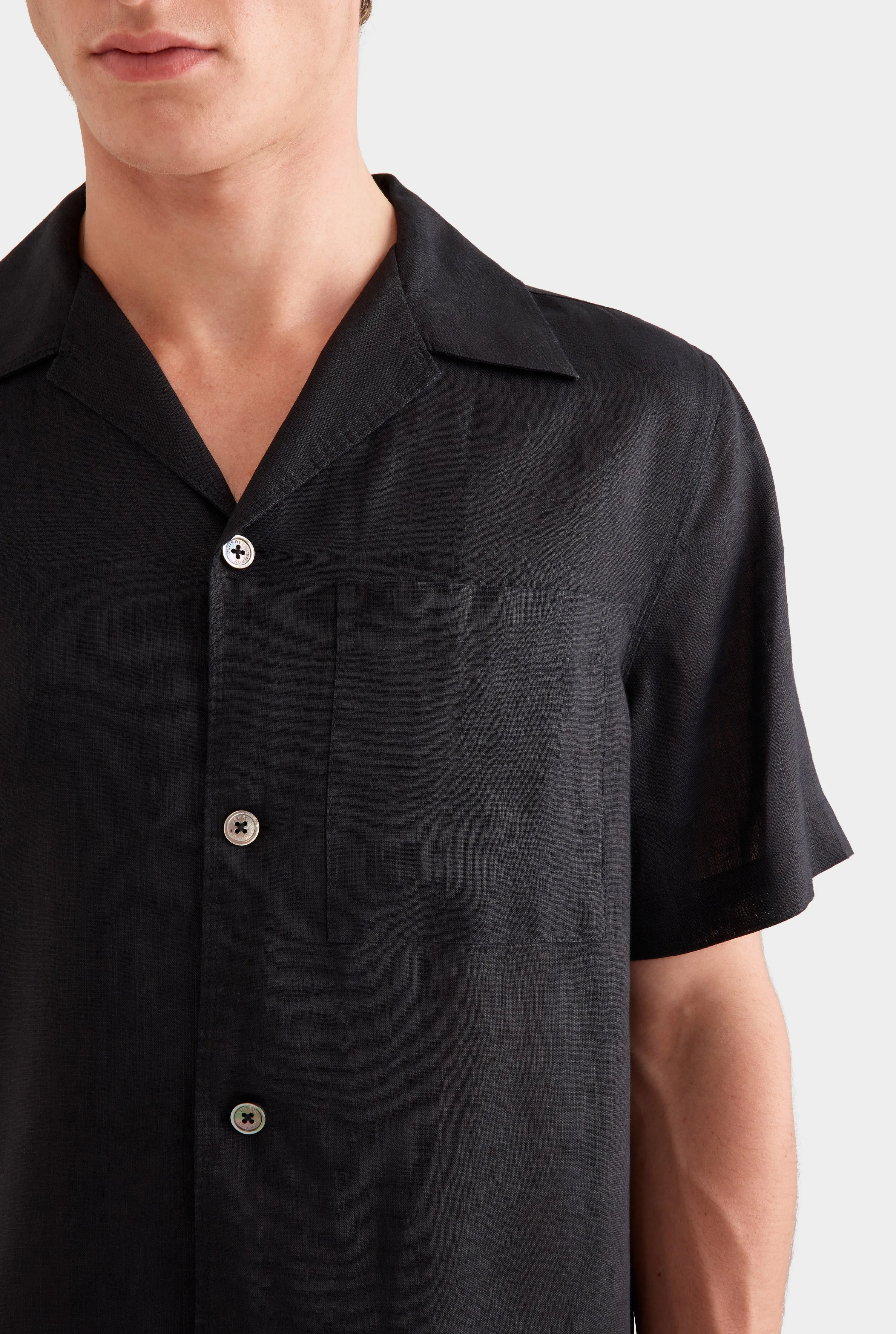 Short Sleeve Linen Camp Collar Shirt - Black