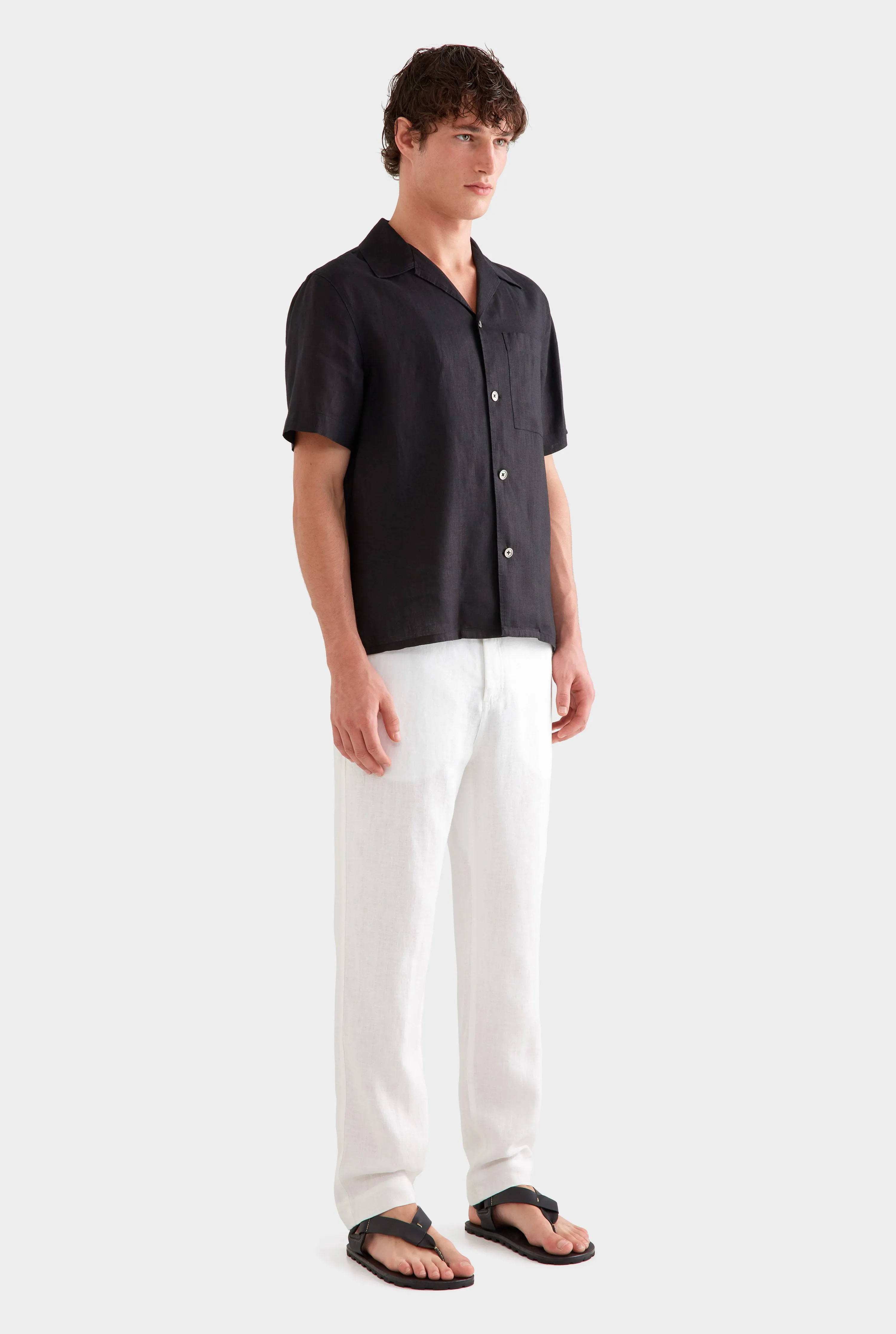 Short Sleeve Linen Camp Collar Shirt - Black