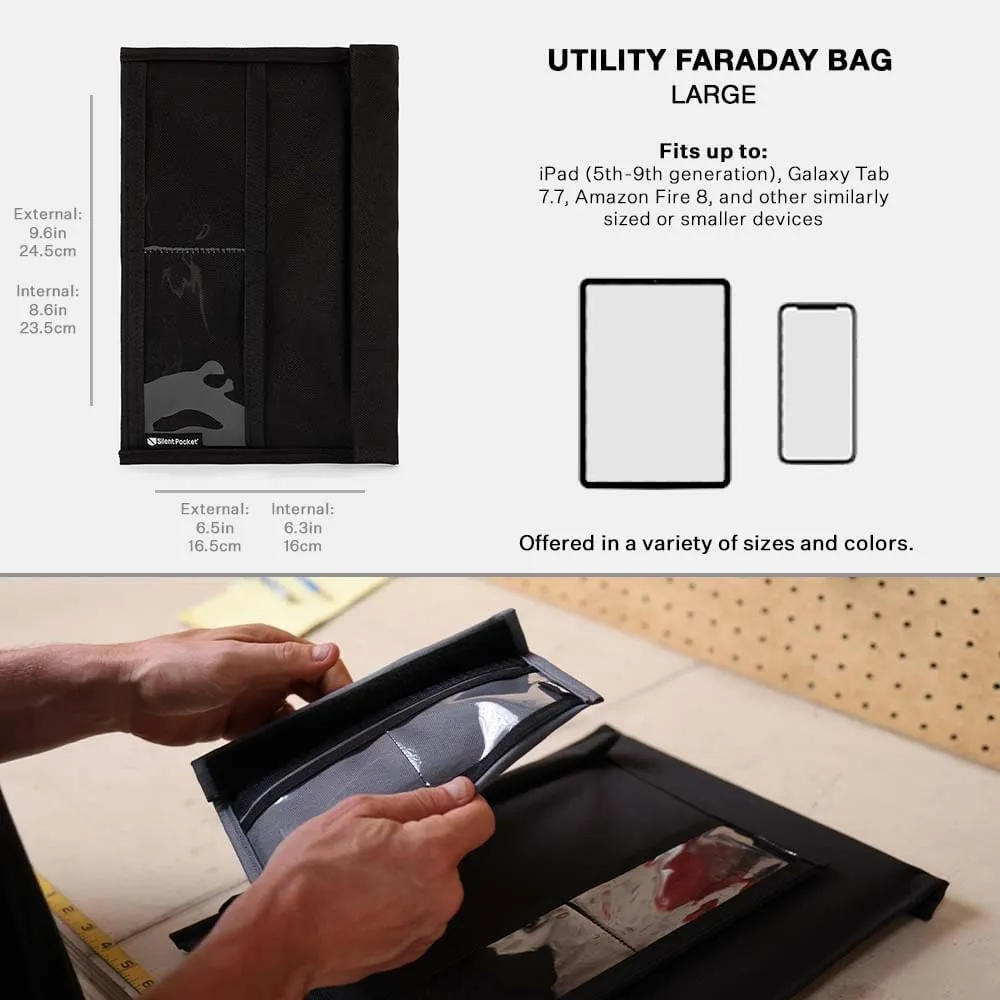 Silent Pocket Quick Access Smartphone Faraday Bag with SLNT Signal Blocking Technology - Weatherproof Nylon, Device Shielding for Tablets - Great for Travel, Privacy & Anti-Hacking (Black, Large)