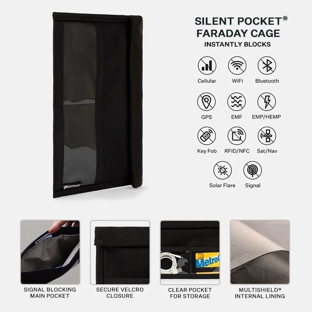 Silent Pocket Quick Access Smartphone Faraday Bag with SLNT Signal Blocking Technology - Weatherproof Nylon, Device Shielding for Tablets - Great for Travel, Privacy & Anti-Hacking (Black, Large)