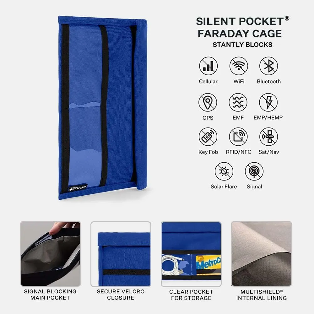 Silent Pocket SLNT Quick Access Smartphone Faraday Bag Technology - Weatherproof Signal Blocking Nylon, Device Shielding for Tablets for Travel, Privacy & Anti-Hacking (Royal Blue, Large)