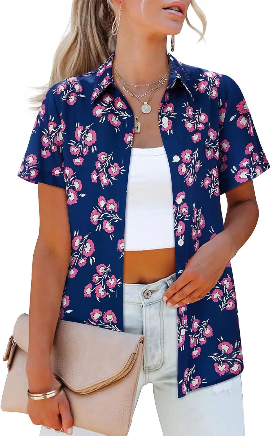 siliteelon Womens Short Sleeve Button Down Shirts Hawaiian Tropical Floral Printed Casual Camp Shirts Blouse Summer Tops