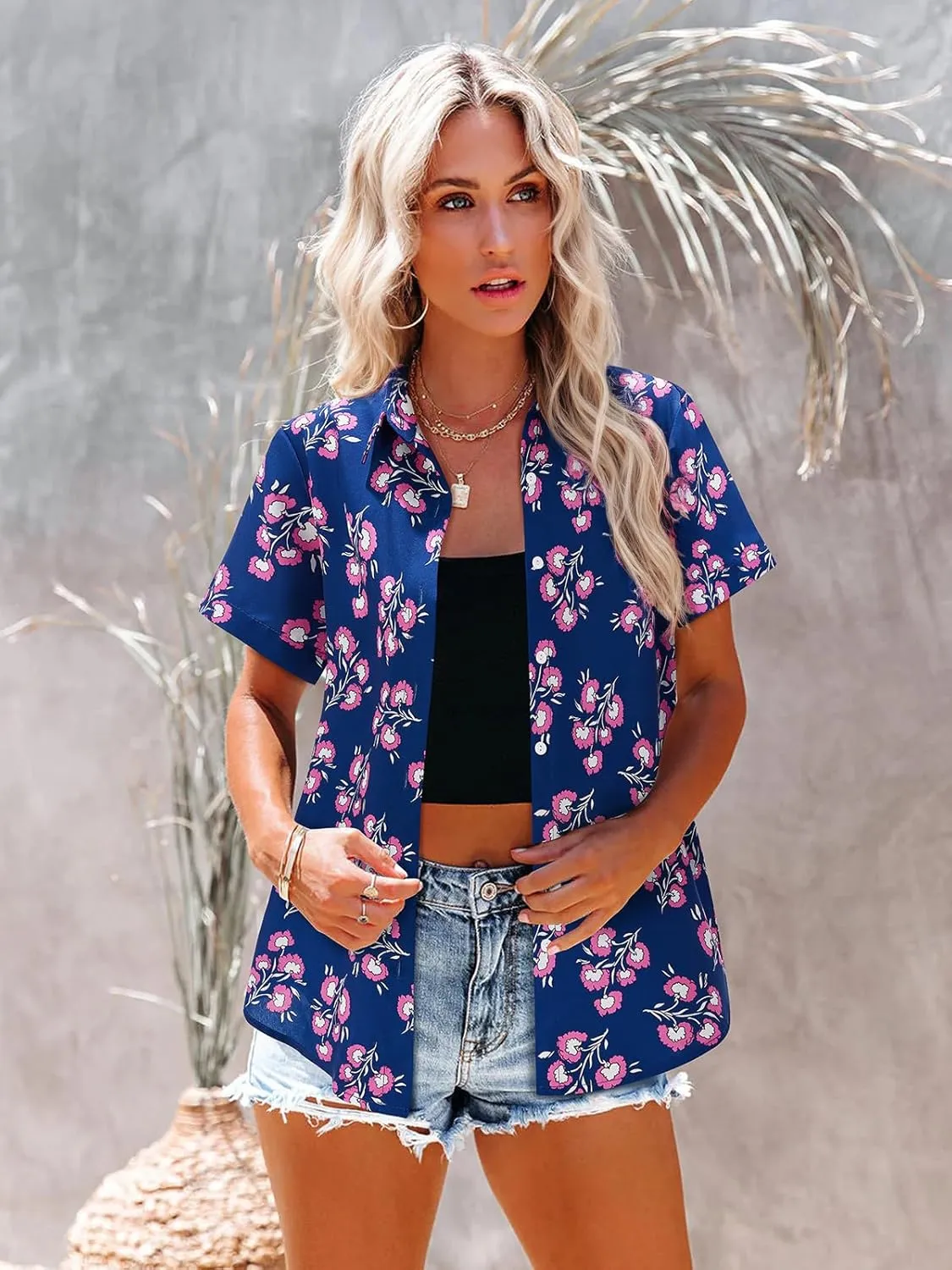 siliteelon Womens Short Sleeve Button Down Shirts Hawaiian Tropical Floral Printed Casual Camp Shirts Blouse Summer Tops