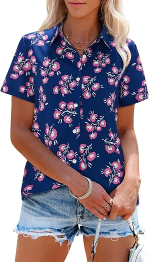siliteelon Womens Short Sleeve Button Down Shirts Hawaiian Tropical Floral Printed Casual Camp Shirts Blouse Summer Tops