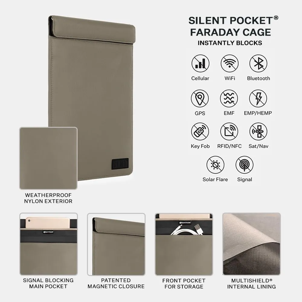 SLNT Faraday Bag Tablet Sleeve with Silent Pocket - Weatherproof Nylon, Signal Blocking Device Shielding for iPad, Samsung Galaxy Tab, Most Tablets, Travel, Privacy (Light Grey, X-Large)