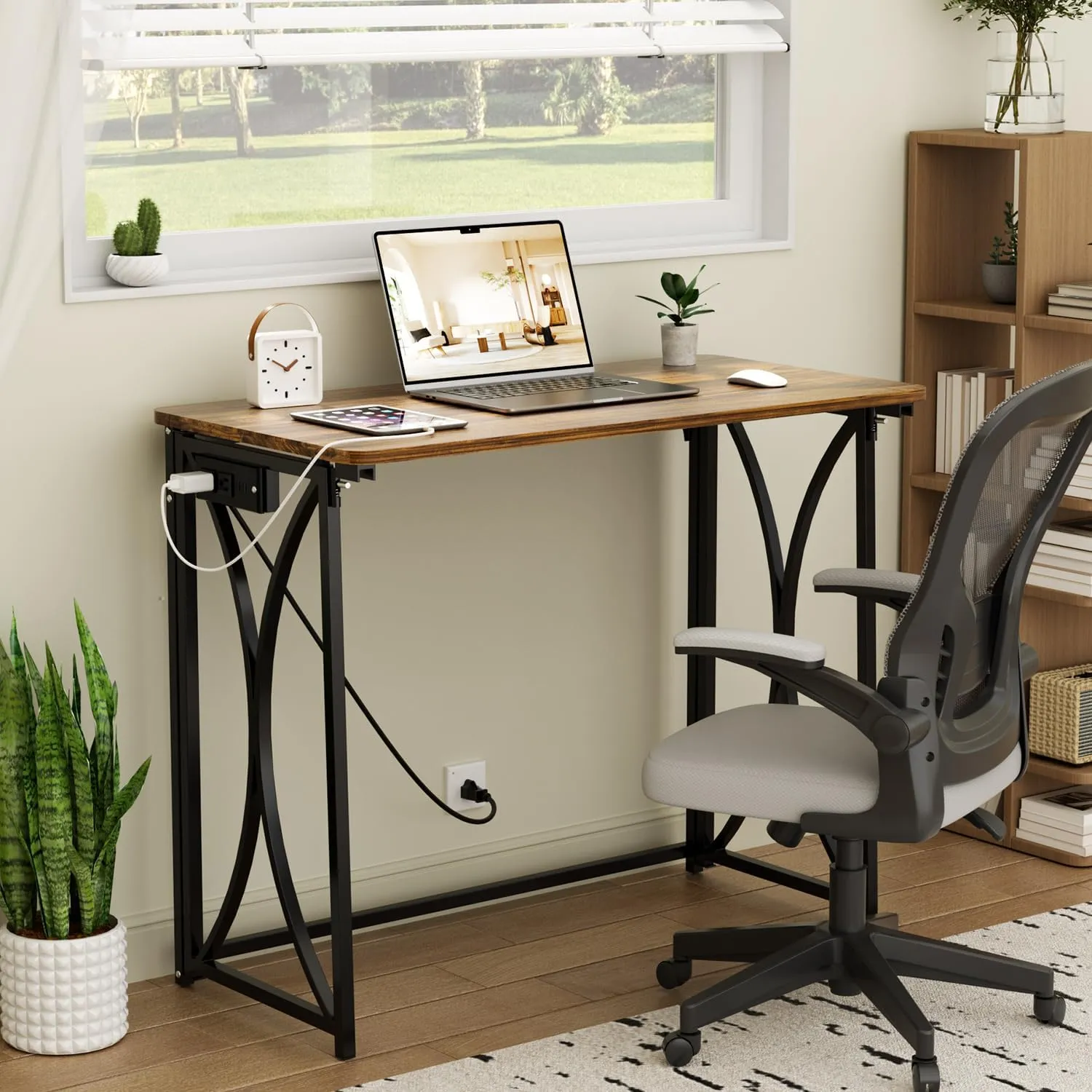 Small Desk, 31.5" Folding Table for Bedroom with Power Outlet, Space Saving Folding Computer Desk for Home Office, Easy Assembly, Brown