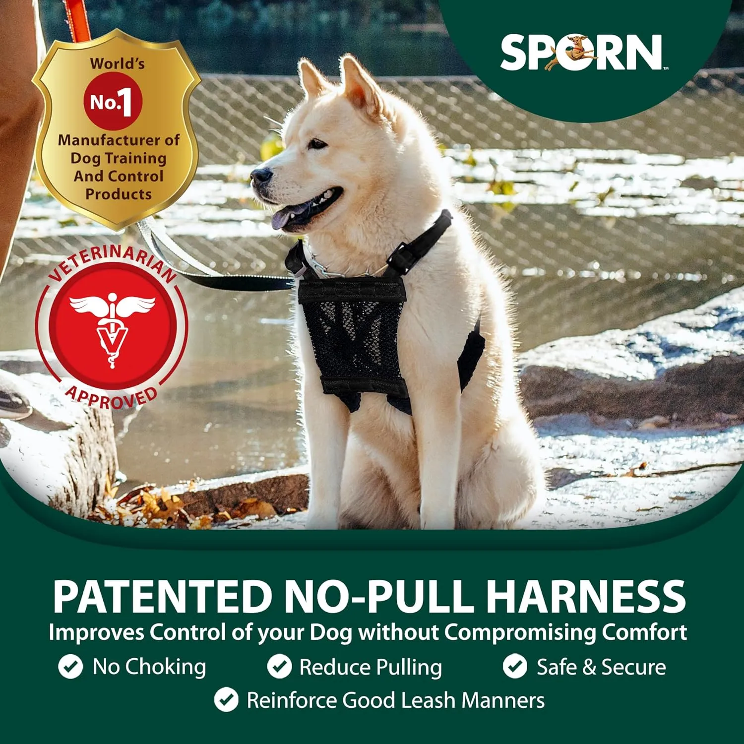 Sporn Large/XL No Pull Dog Harness for Large Dogs - Black Mesh Body, Durable Nylon, Breathable, Easy to Put On, No Choke, Padded, Adjustable, XL Dog Harness for Extra Large Breeds