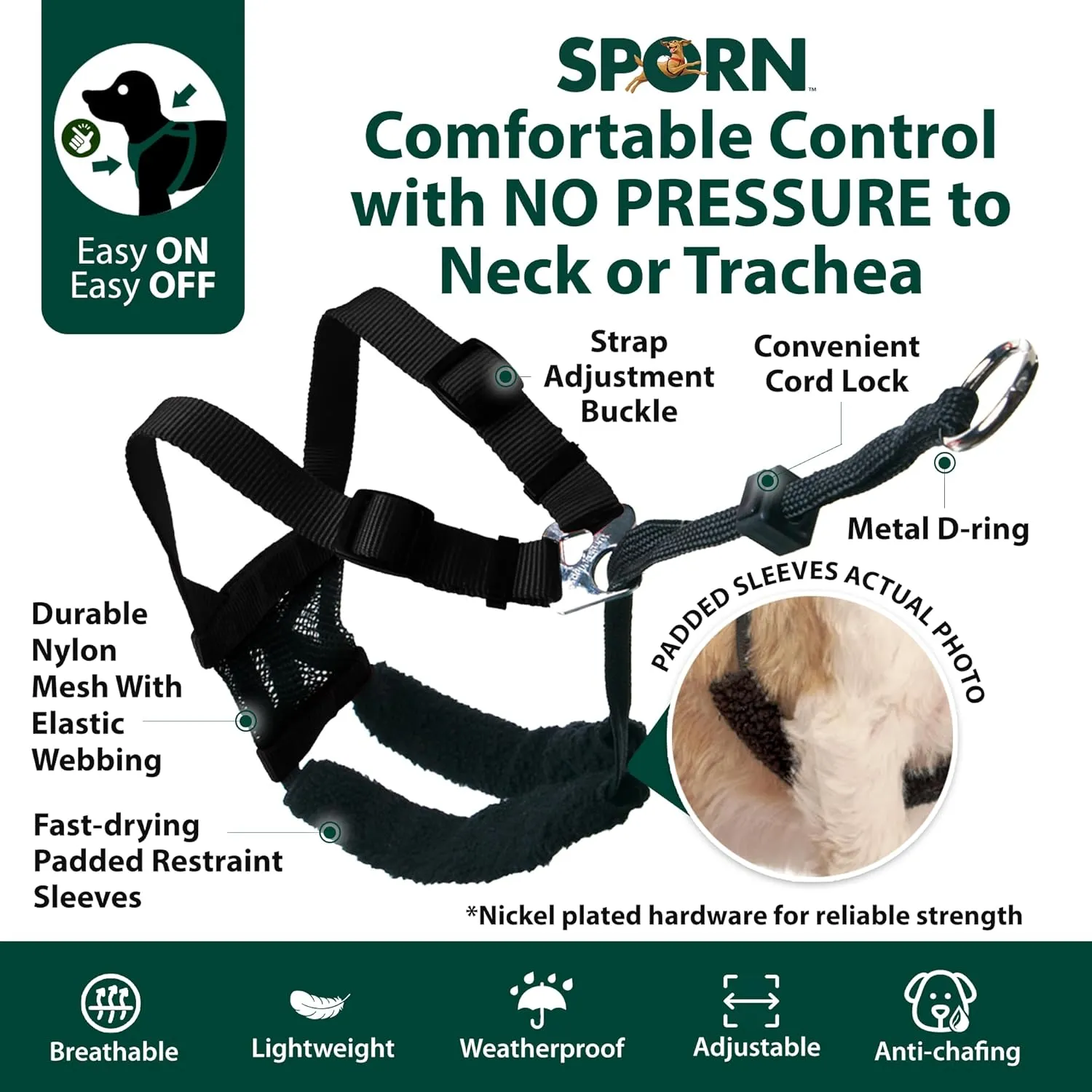 Sporn Large/XL No Pull Dog Harness for Large Dogs - Black Mesh Body, Durable Nylon, Breathable, Easy to Put On, No Choke, Padded, Adjustable, XL Dog Harness for Extra Large Breeds