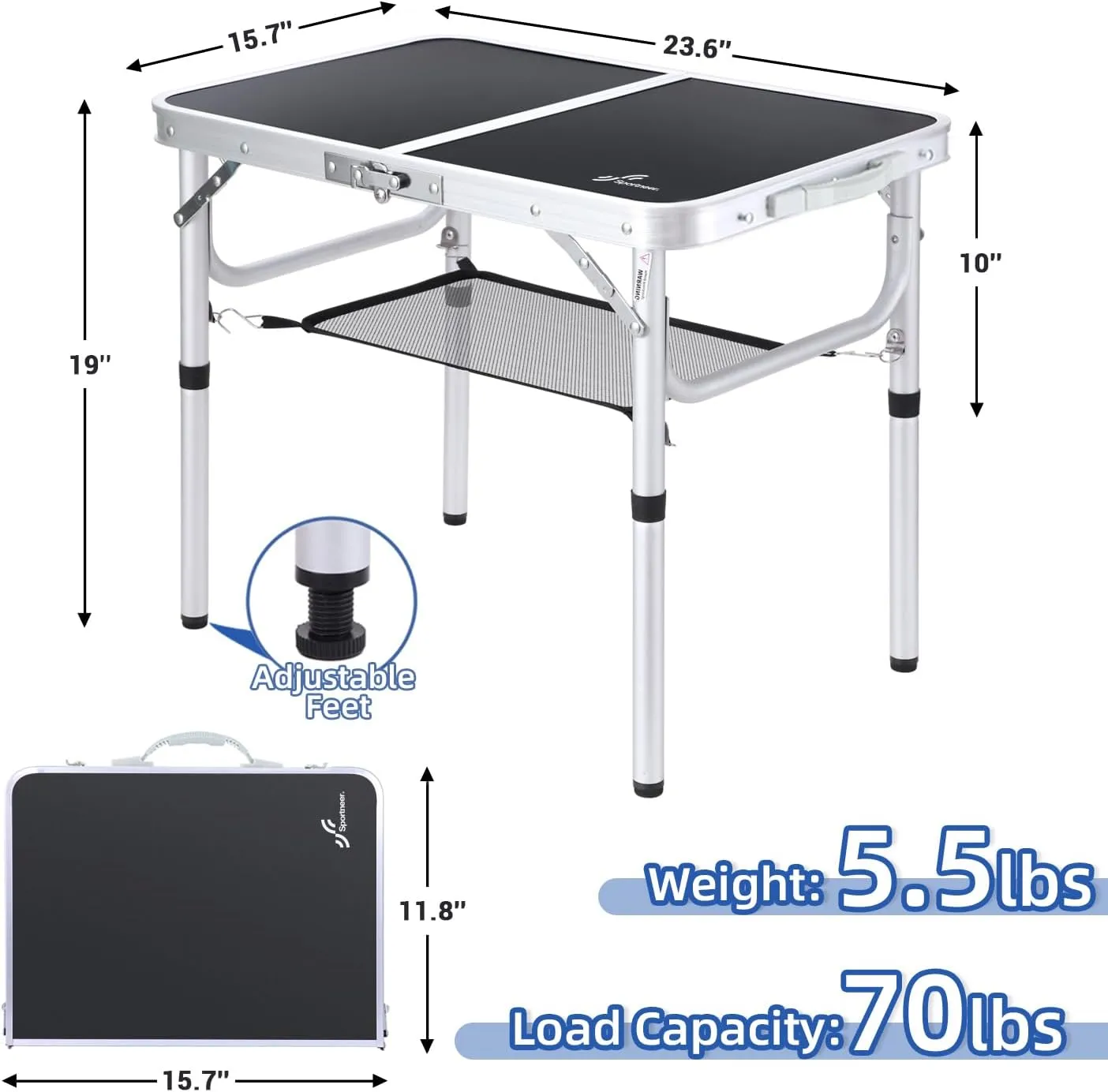 Sportneer Folding Table: Adjustable Height Camping Essentials 23.6" L x 15.7" W 2 Height with Mesh Layer - Compact & Portable Small Folding Table for Outdoor Camp Garden Picnic BBQ Dining Cooking