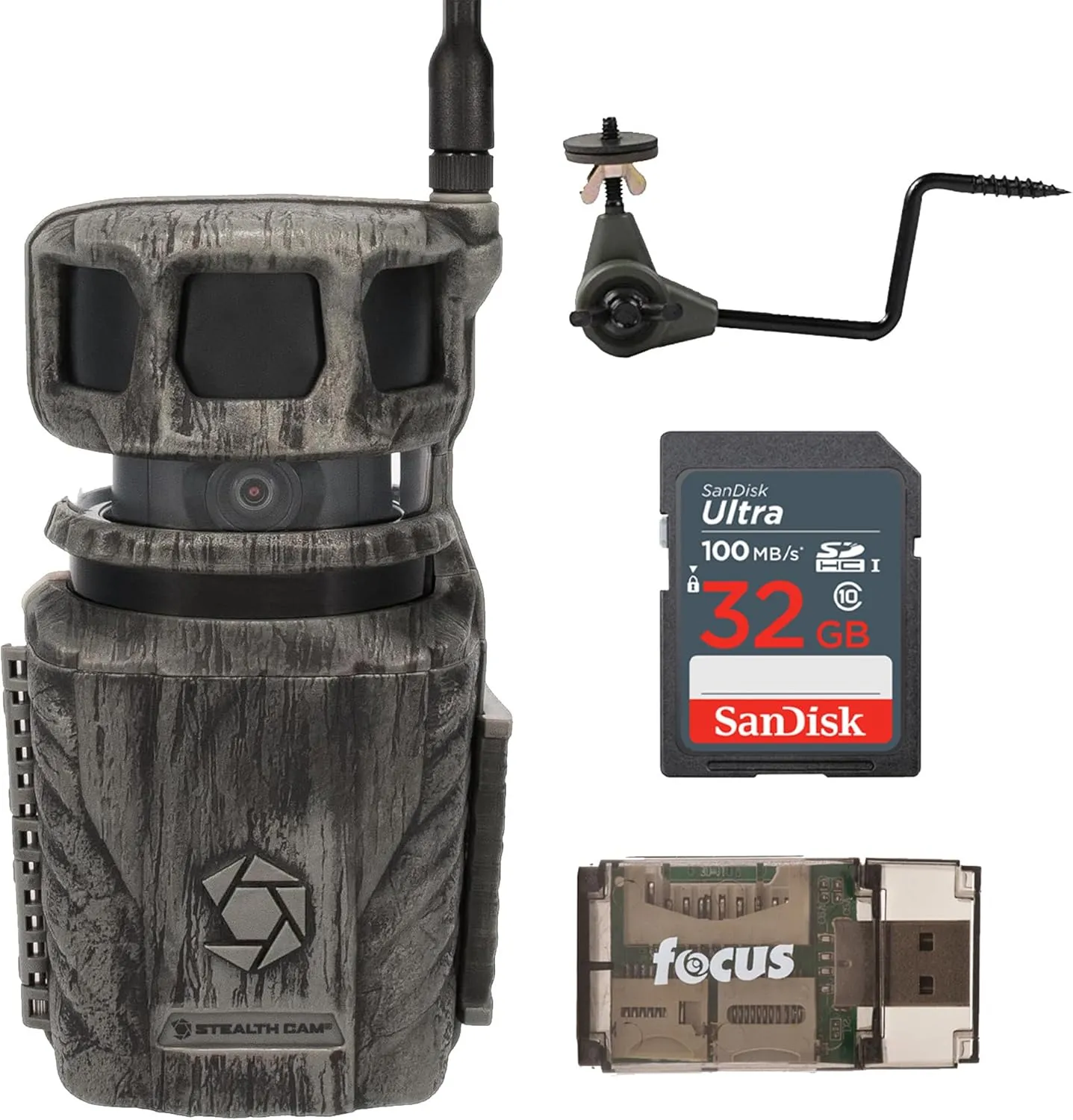 Stealth Cam Revolver 36MP 360 Degree Cellular Trail Camera with 1/4-Inch Threaded Mount Bundle with Economy Trail Camera Holder, 32GB Ultra SDHC Memory Card, and SD USB 2.0 Card Reader (4 Items)