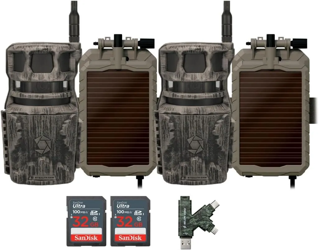 Stealth Cam Revolver 40MP Pro 360 Degree Cellular Trail Camera (2-Pack) Bundle with Lithium Solar Power Panel (2-Pack), 32GB Ultra SDHC UHS-I Memory Card (2-Pack), and SD USB 2.0 Card Reader (7 Items)